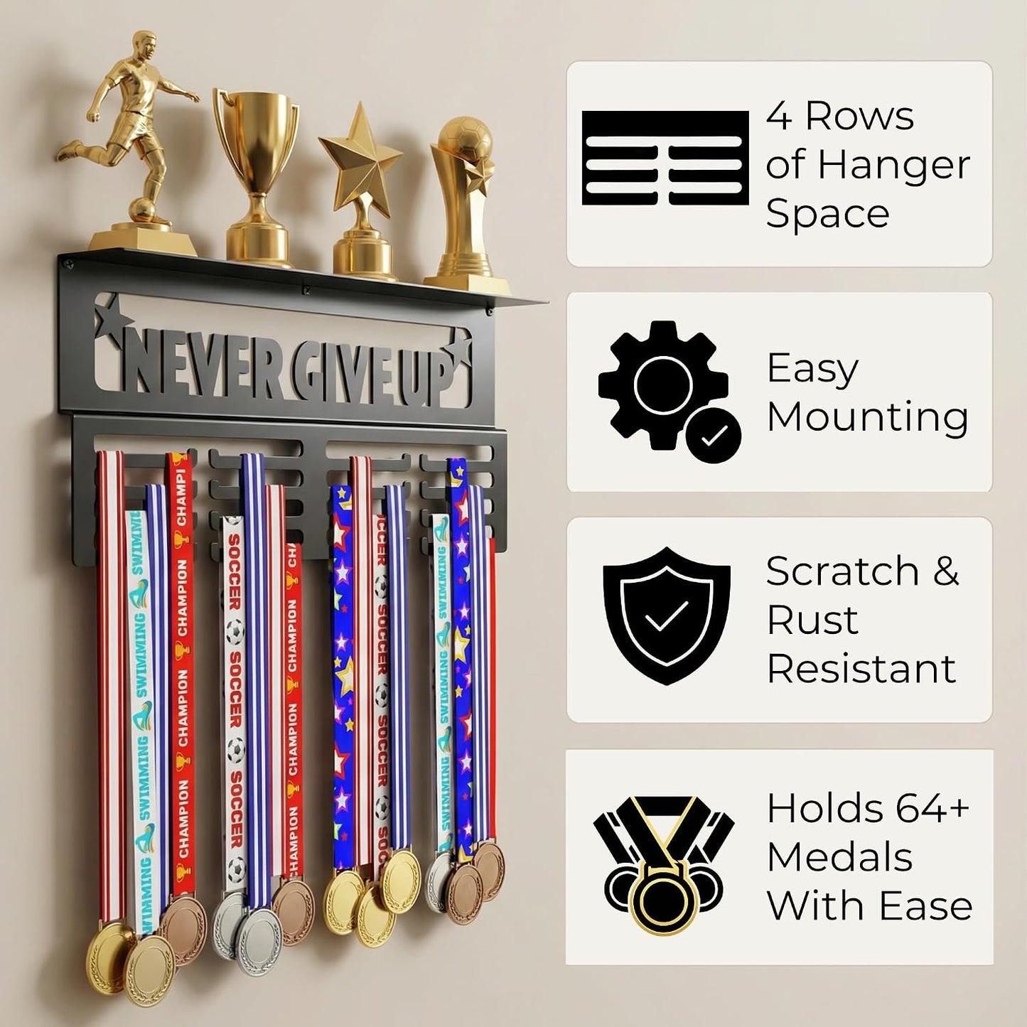 AGATHOS HOME Medal Hanger Display with Trophy Shelf - Metal Awards Rack for Walls Holds 64+ Sports Medals- Our Never