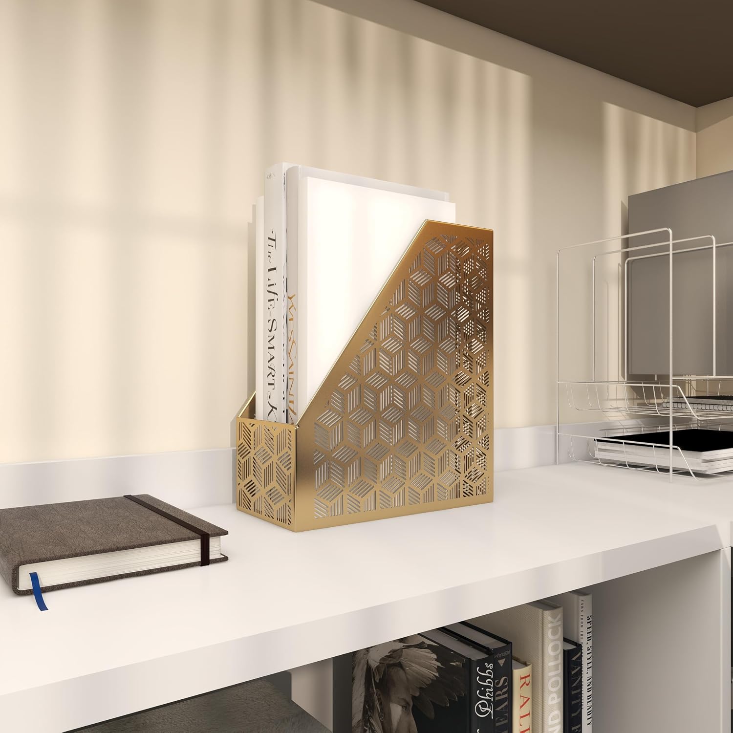 Deco 79 Metal Geometric Single Slot Magazine Holder with Laser Carved Design, 5" x 10" x 12", Gold