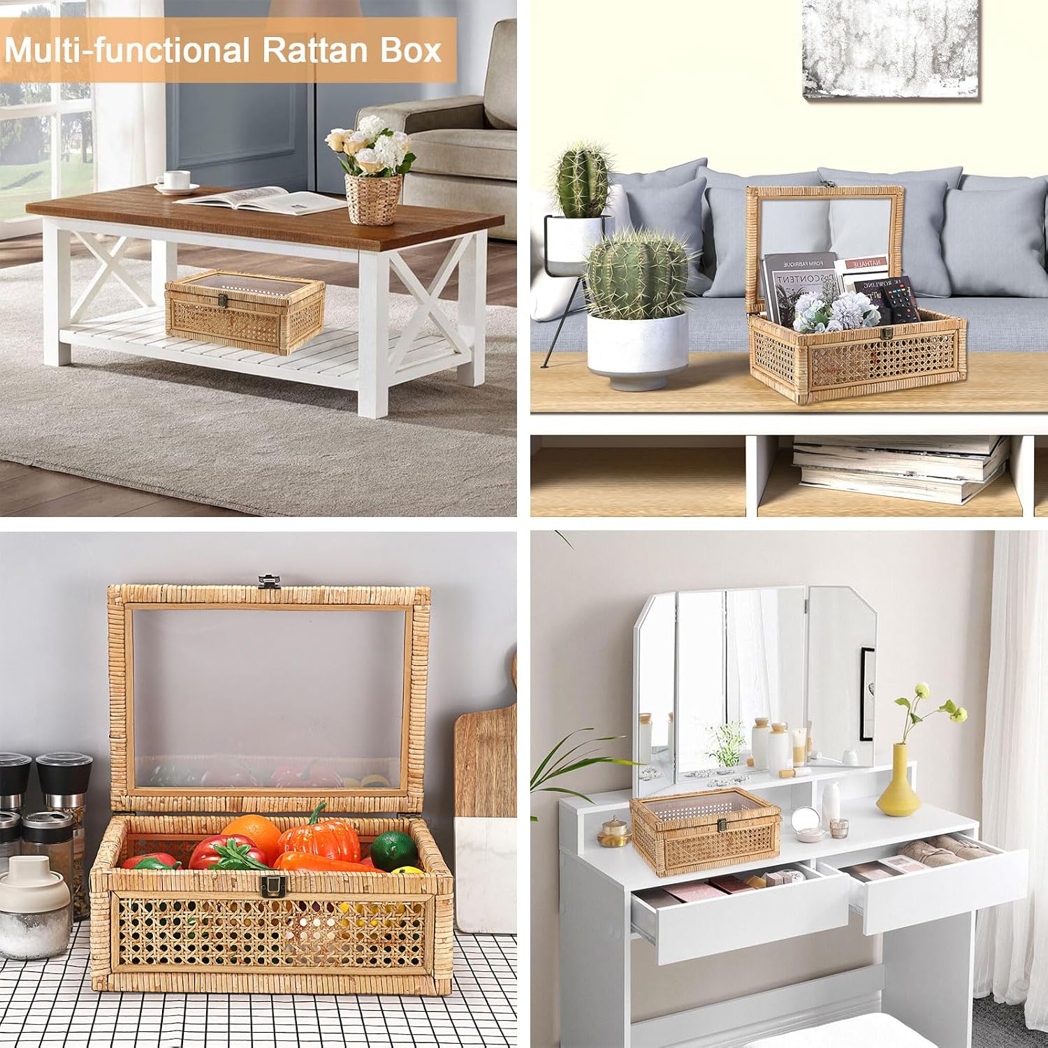 Clear Lid Rattan and Wood Display Boxes Handcrafted Shelf / 14 x 10 x 5.7 / Large / Natural Color