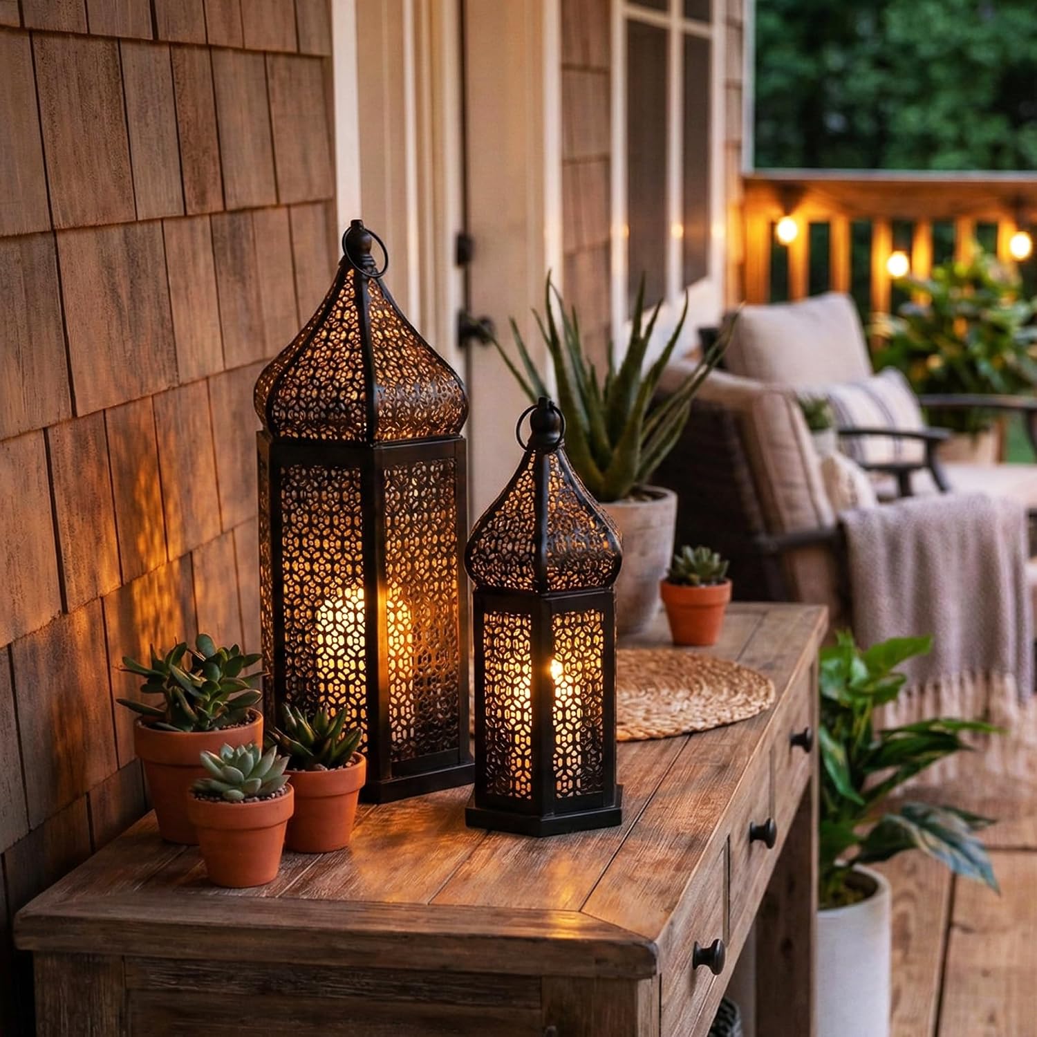 Vela Lanterns Decorative Indoor Black Moroccan Temple Lanterns, Set of 2 | Black Ramadan Decorations for Home, Eid