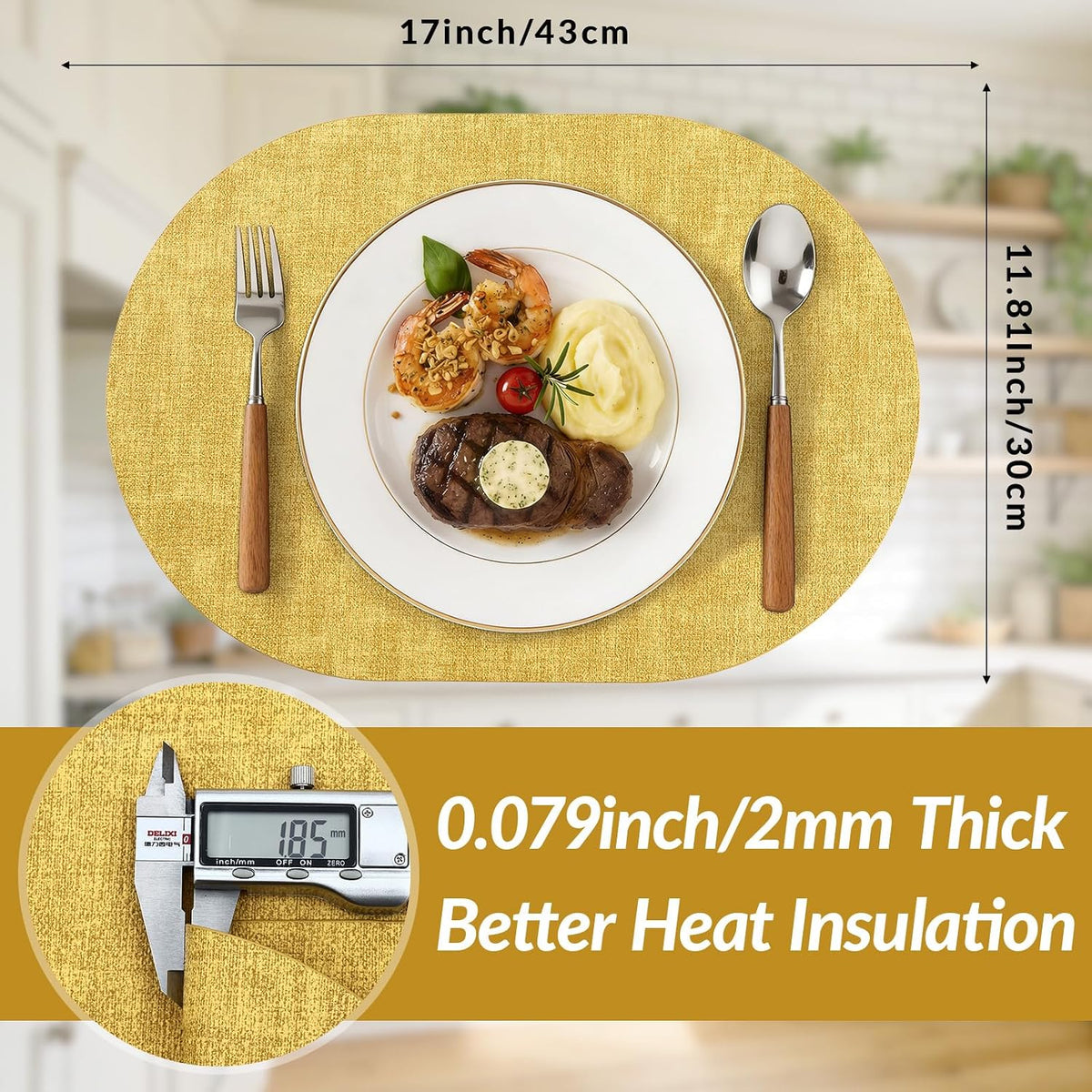 Placemats Set of 4, 11.8 x 17 Inch, Yellow | Heat Resistant Oval Faux Leather Place Mats, Waterproof Wipeable
