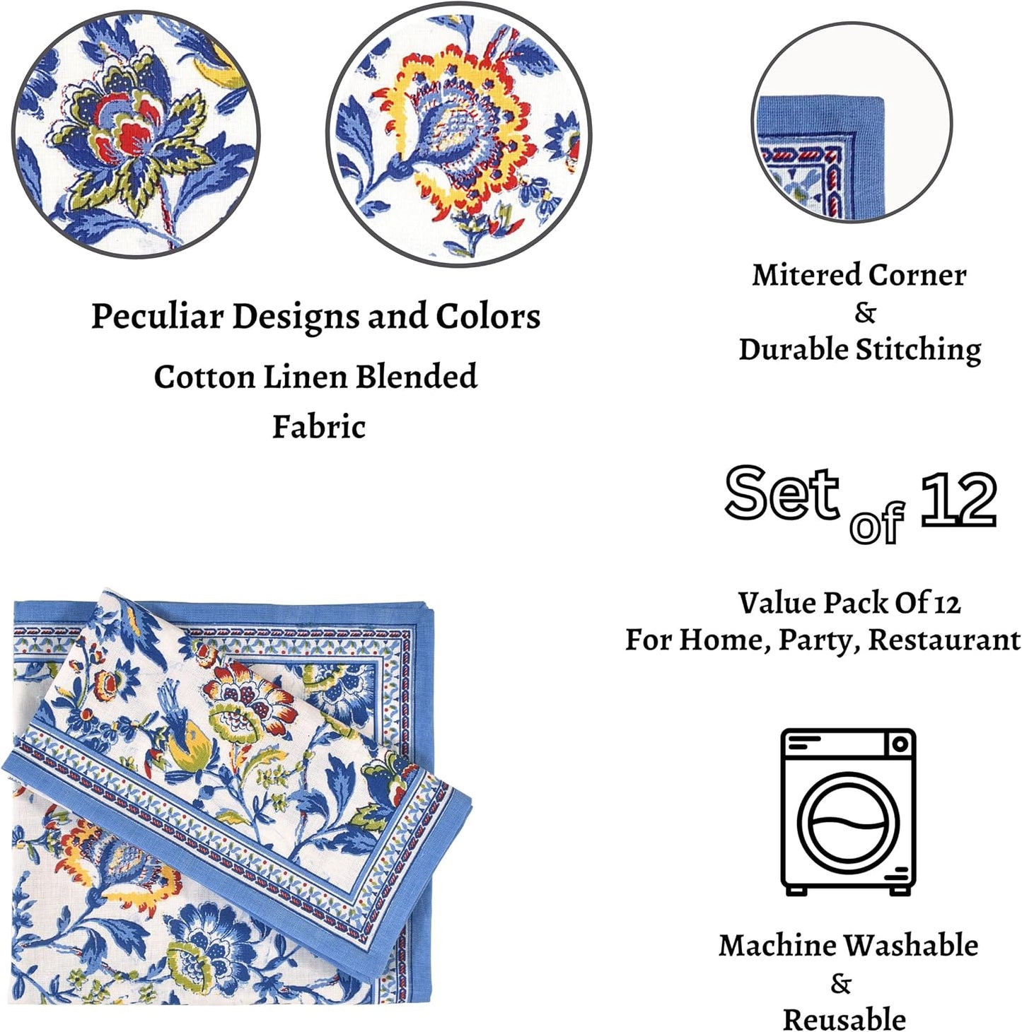 FINGERCRAFT Cloth Napkins Set of 12 Cotton Linen, 20x20 Inch, Blue Floral | Mitered corner, washable, soft, absorbent