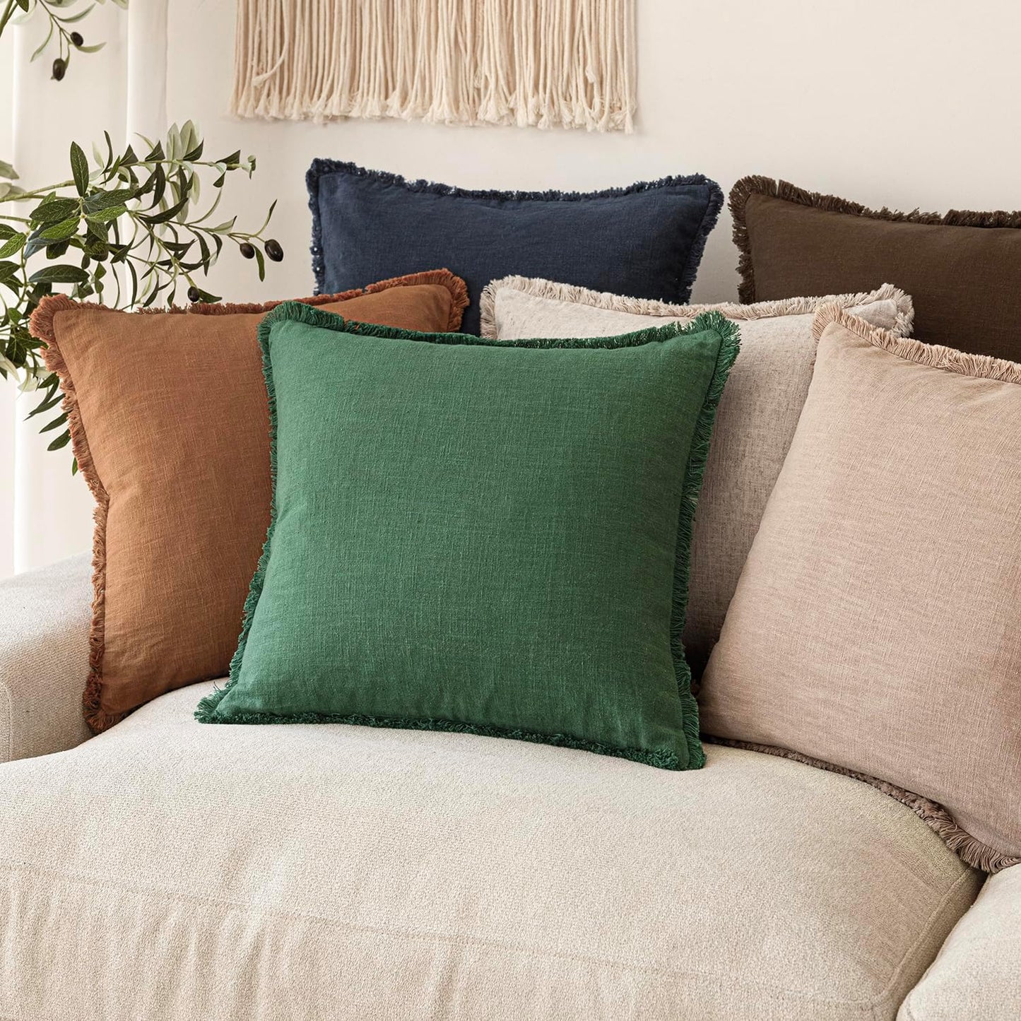 Decorative Linen Fringe Throw Pillow Covers Boho Farmhouse / 18 x 18 / Abundant Green / Set of 2