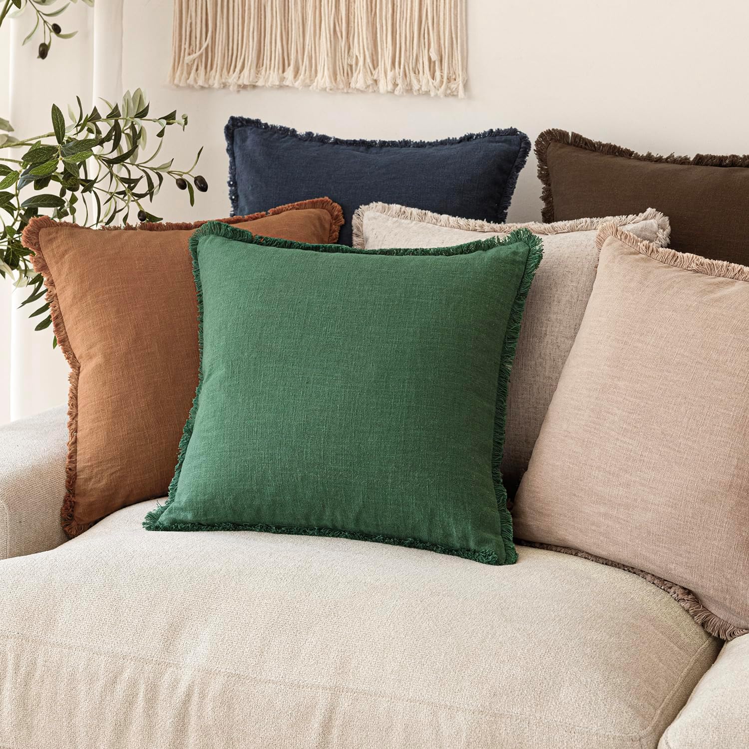 Decorative Linen Fringe Throw Pillow Covers Boho Farmhouse / 18 x 18 / Abundant Green / Set of 2