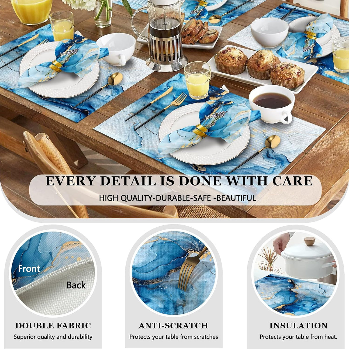 Mcalk 4 Each Blue Marble Placemats and Cloth Napkins Set of 8, Modern Art Placemat, Marble Print Cloth Napkin for Home