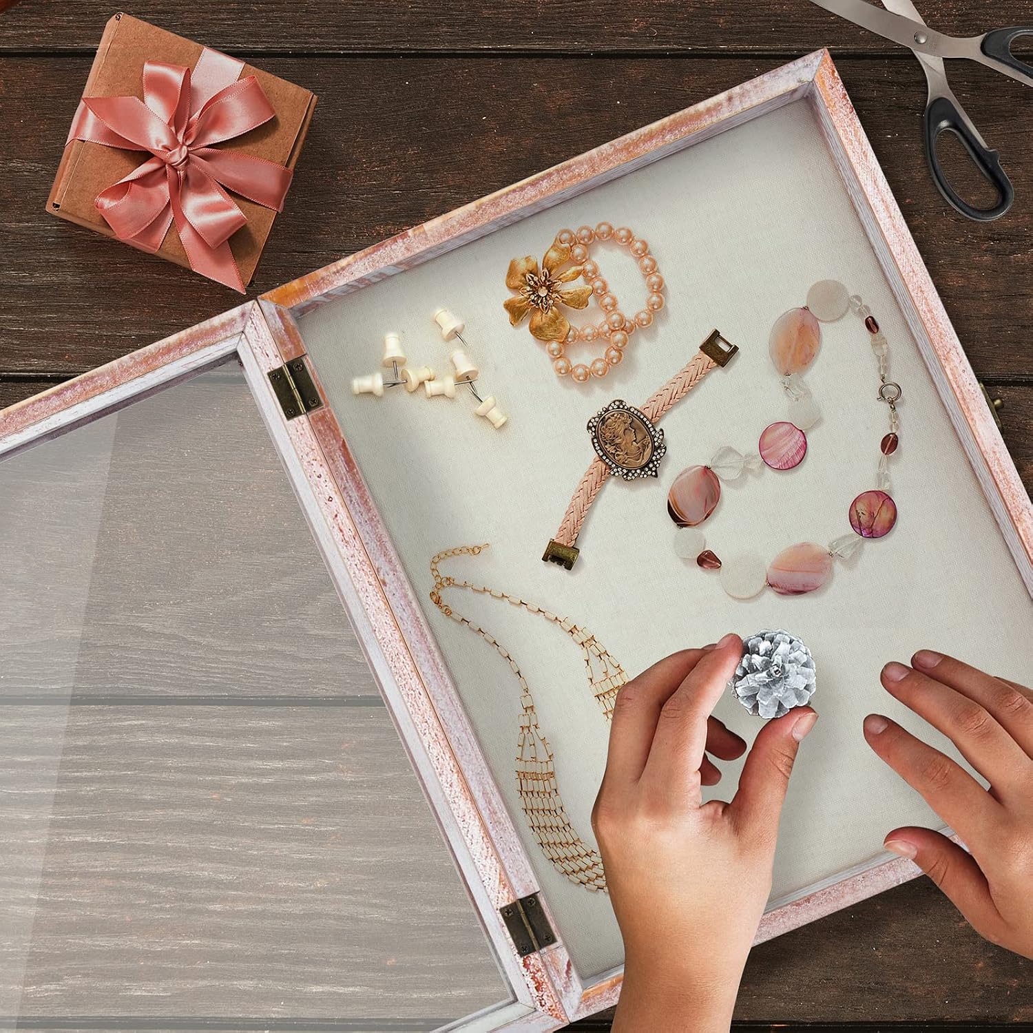 TJ.MOREE Shadow Box 11 x 14 Display Case Wood Picture Frame White Pink | Memory Box with Linen Back for Memorabilia
