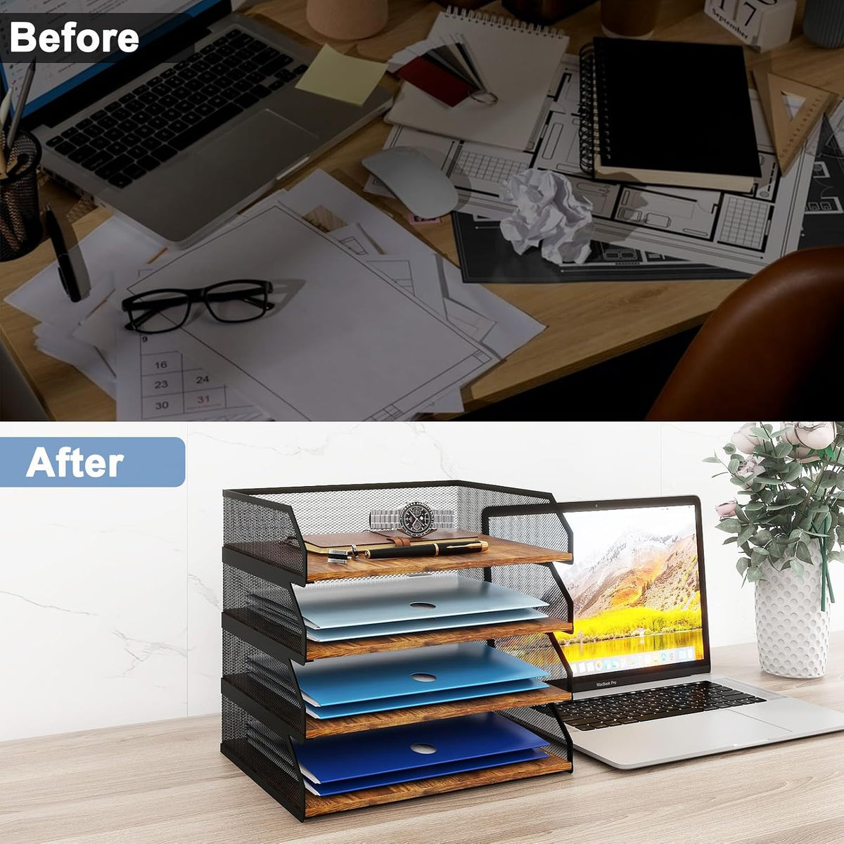 Natwind 4-Tier Stackable Metal Mesh Paper Organizer with Sliding Tray,Retro | Wooden Desk Organizer, Letter Tray For