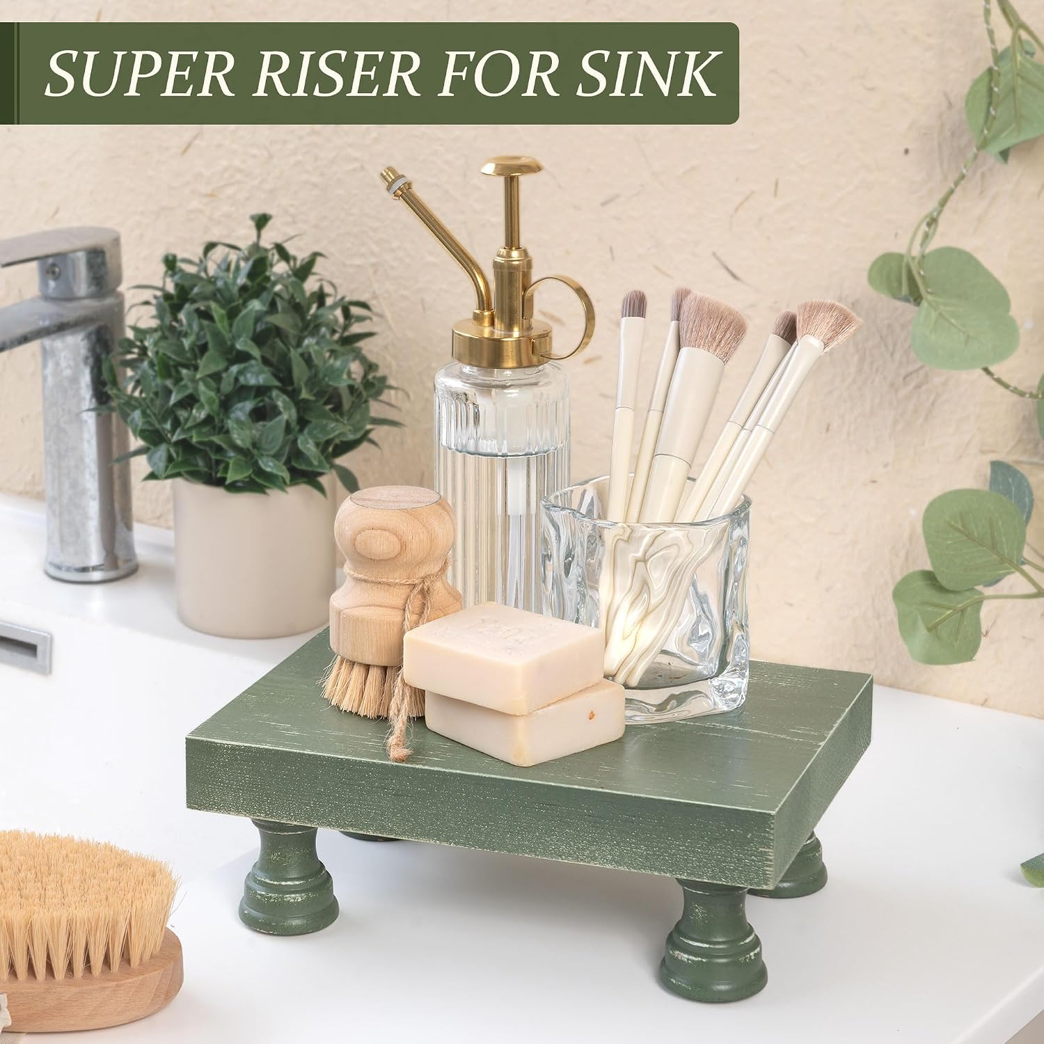 EOSAHR Square Wood Riser & Display Stand for Kitchen Counter, Green | Pine Wood, 8.5" Decorative Riser, Plant Display