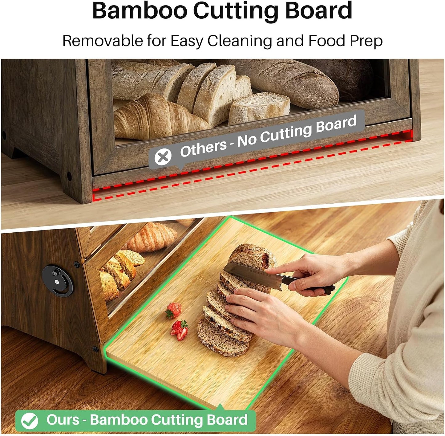 SNTD 2 Tier Bread Box for Kitchen Countertop, Adjustable Ventilation, Brown | Bamboo Cutting Board, Airtight Design