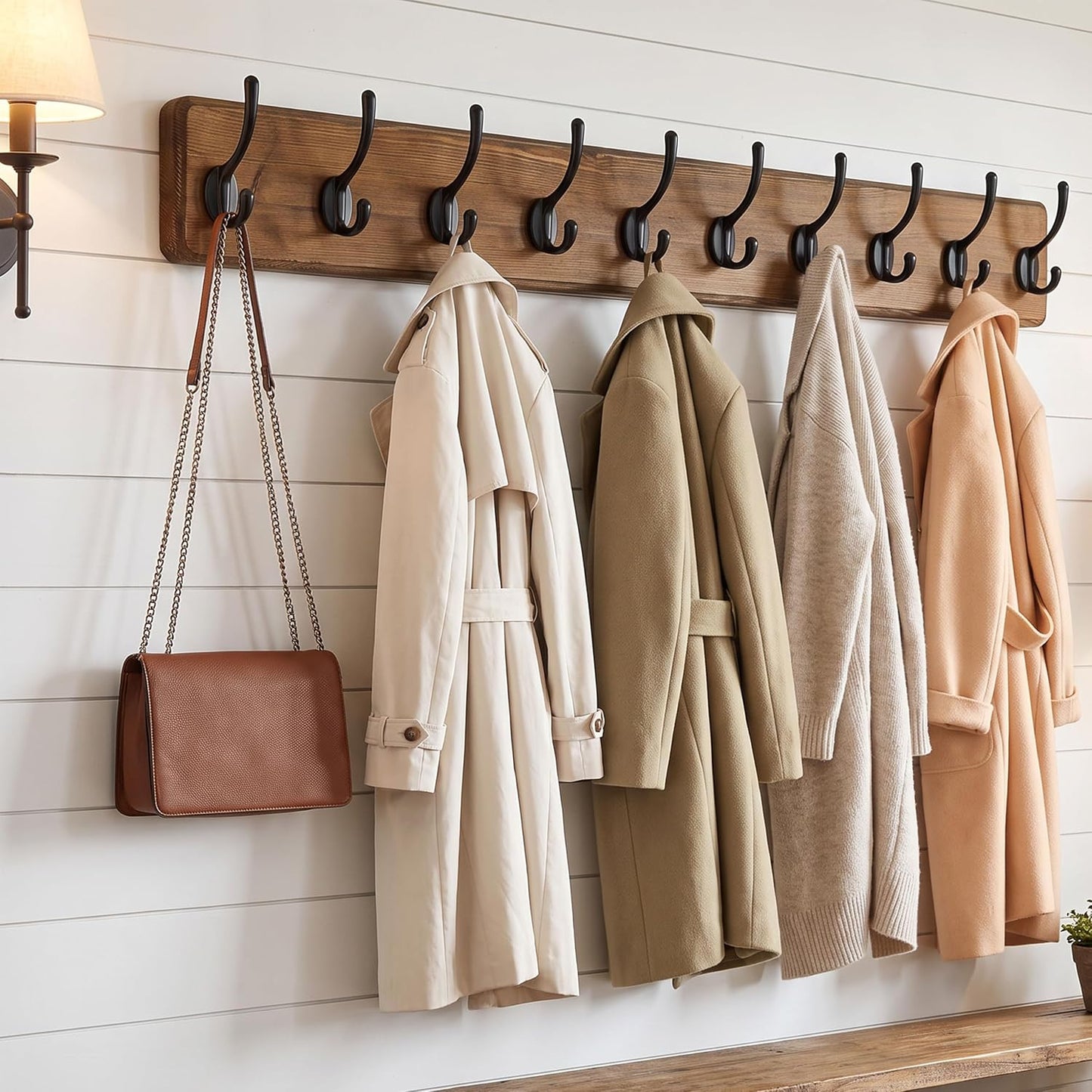 WEBI Coat Rack Wall Mount,10 Hooks,38 9/16" Long Coat Hooks Wall Mounted Rustic,16" Hole to Hole,Wood Coat Hanger