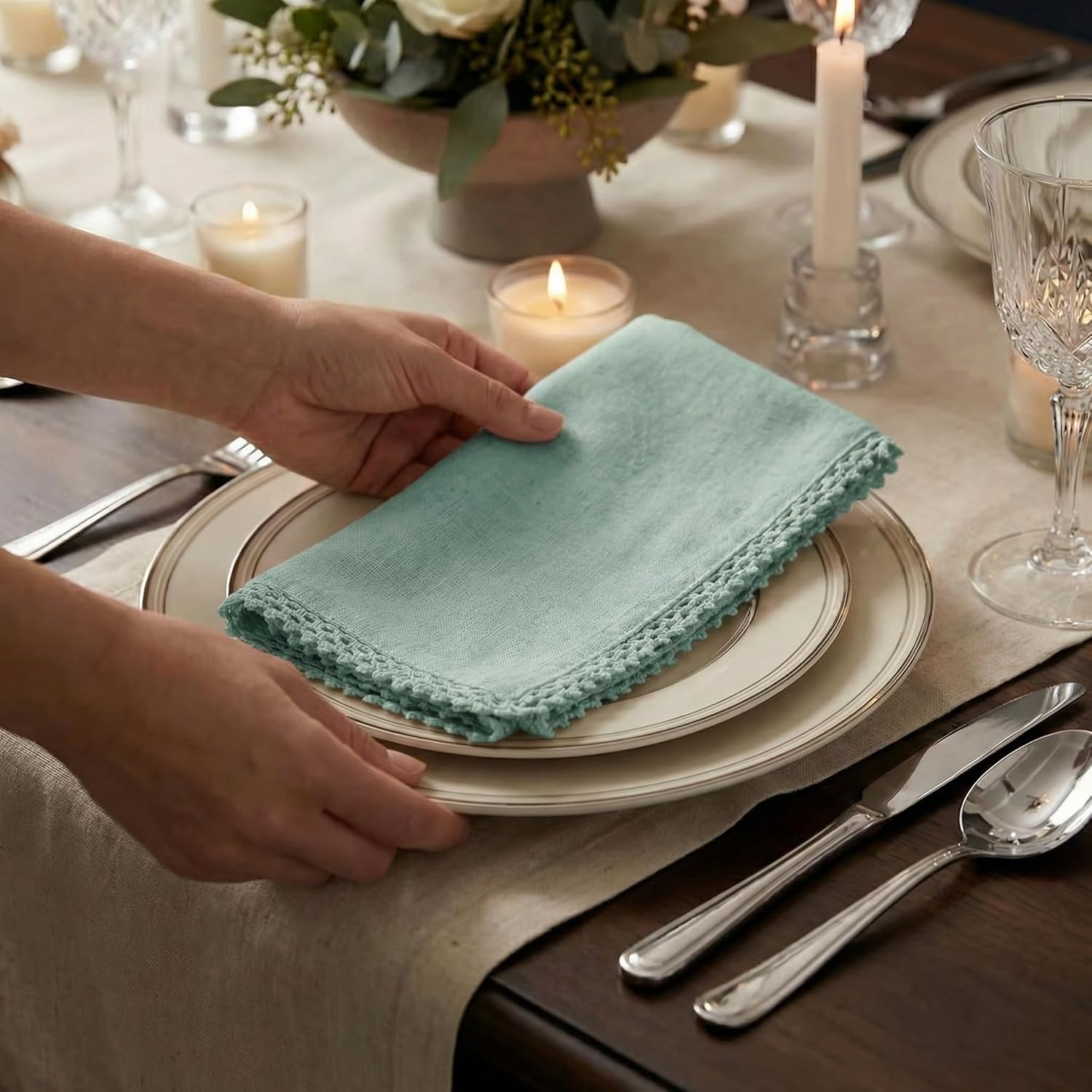 ACCENTHOME Teal Set of 12 18x18 inch Cotton Linen Dinner Napkins - Washable Soft Premium Hotel Quality Reusable Napkins