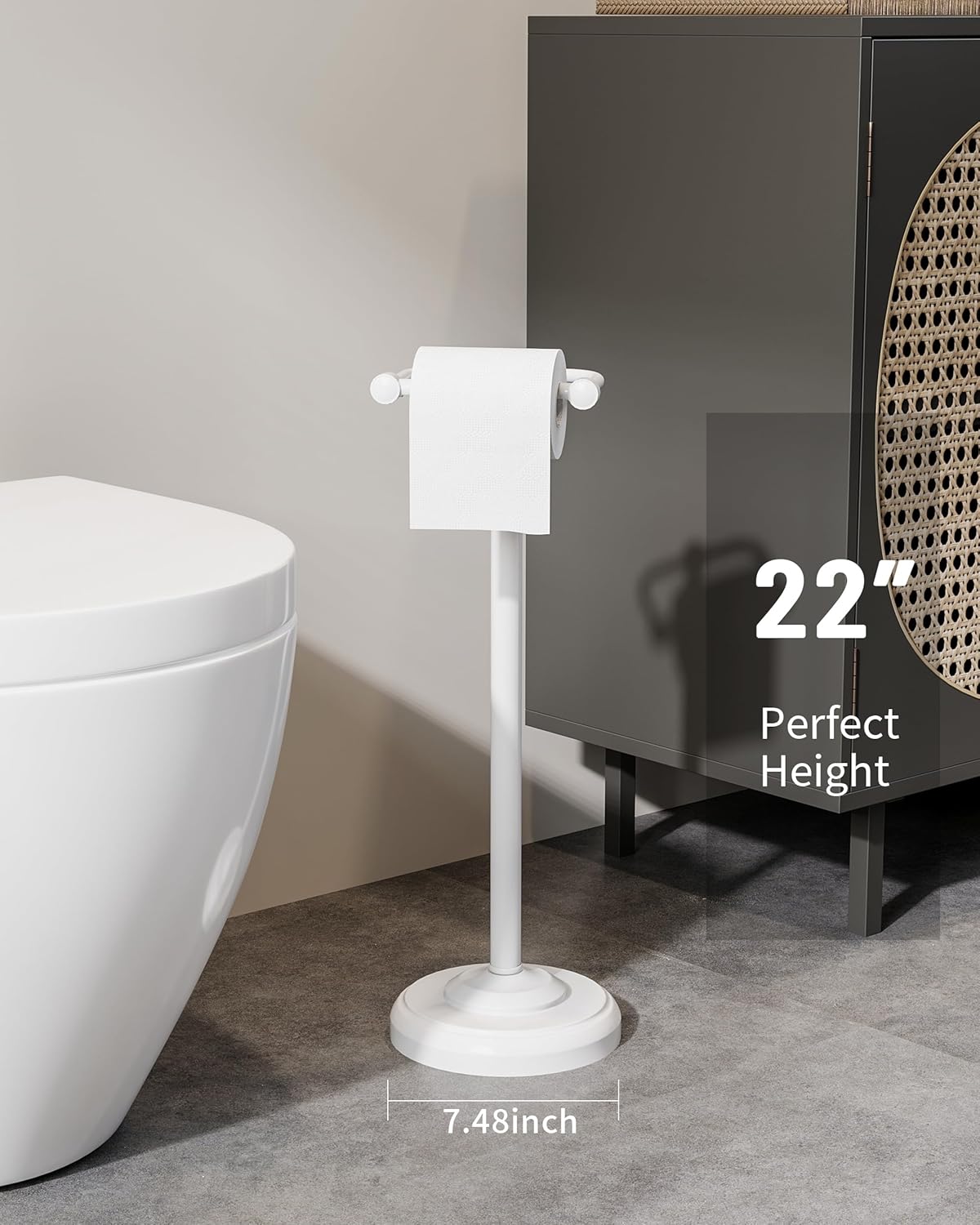 White Toilet Paper Holder Stand Stainless Steel & Weighted Base | Post Pivoting Design Easy to Change Roll, Mega Roll