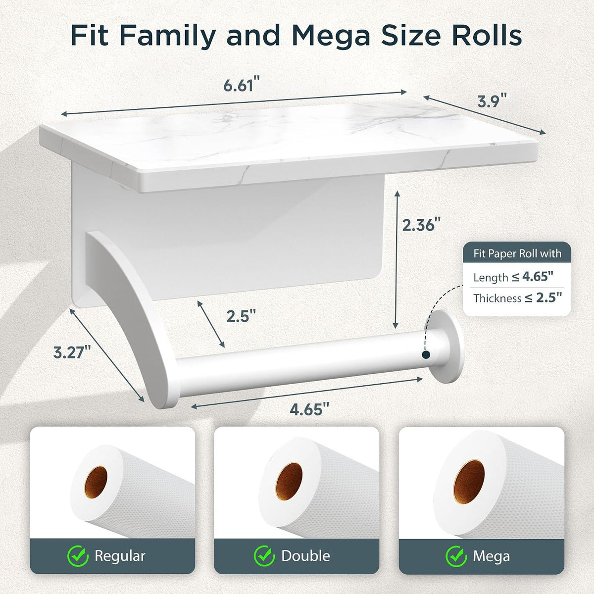 FORIOUS Natural Marble Toilet Paper Holder with Phone Shelf, Commercial | White, Wall Mount 304 Stainless Steel