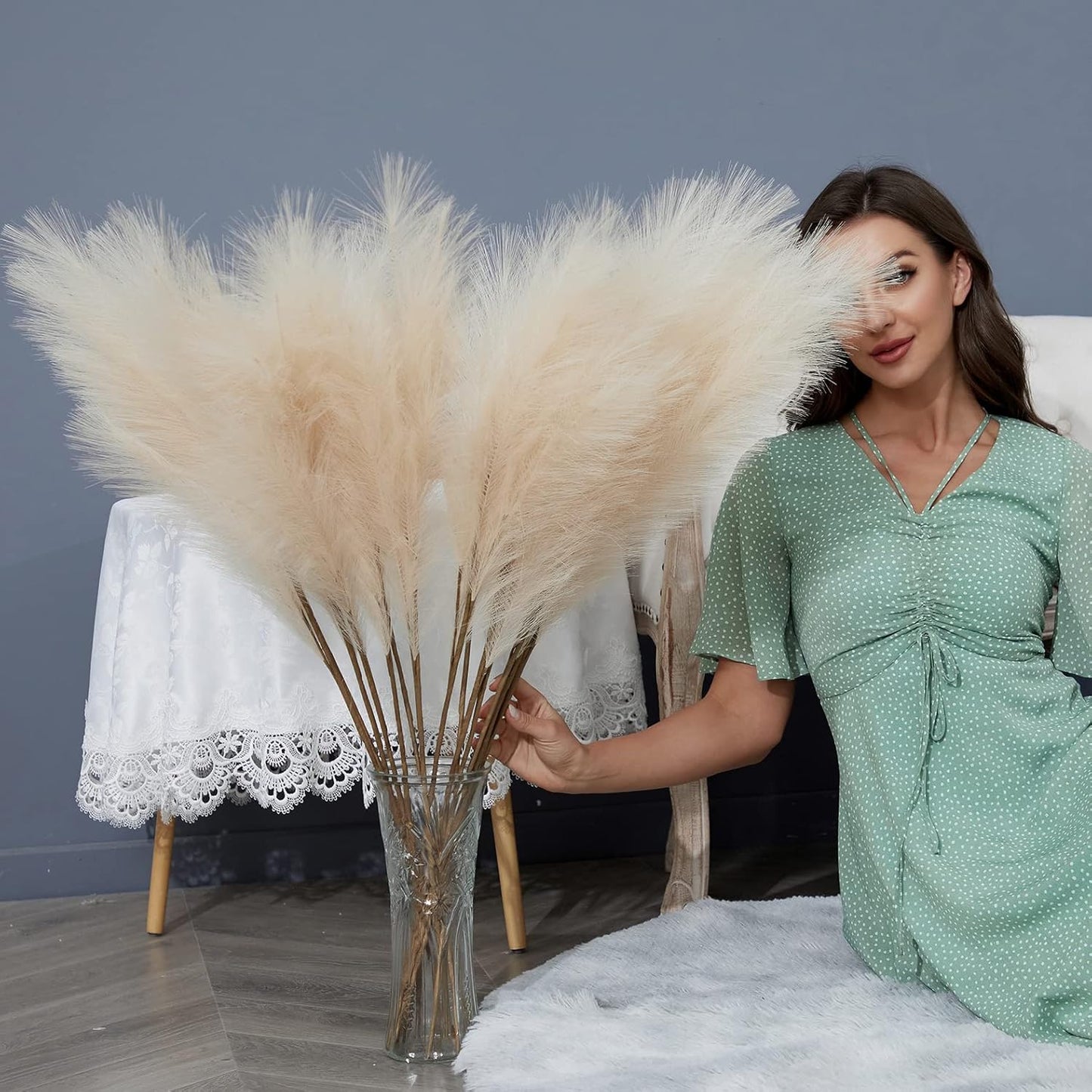 Faux Pampas Grass Decor 38"/ Tall Fake Pompas Floral Large Artificial / Beige / 3.1 Inch / Set of 8