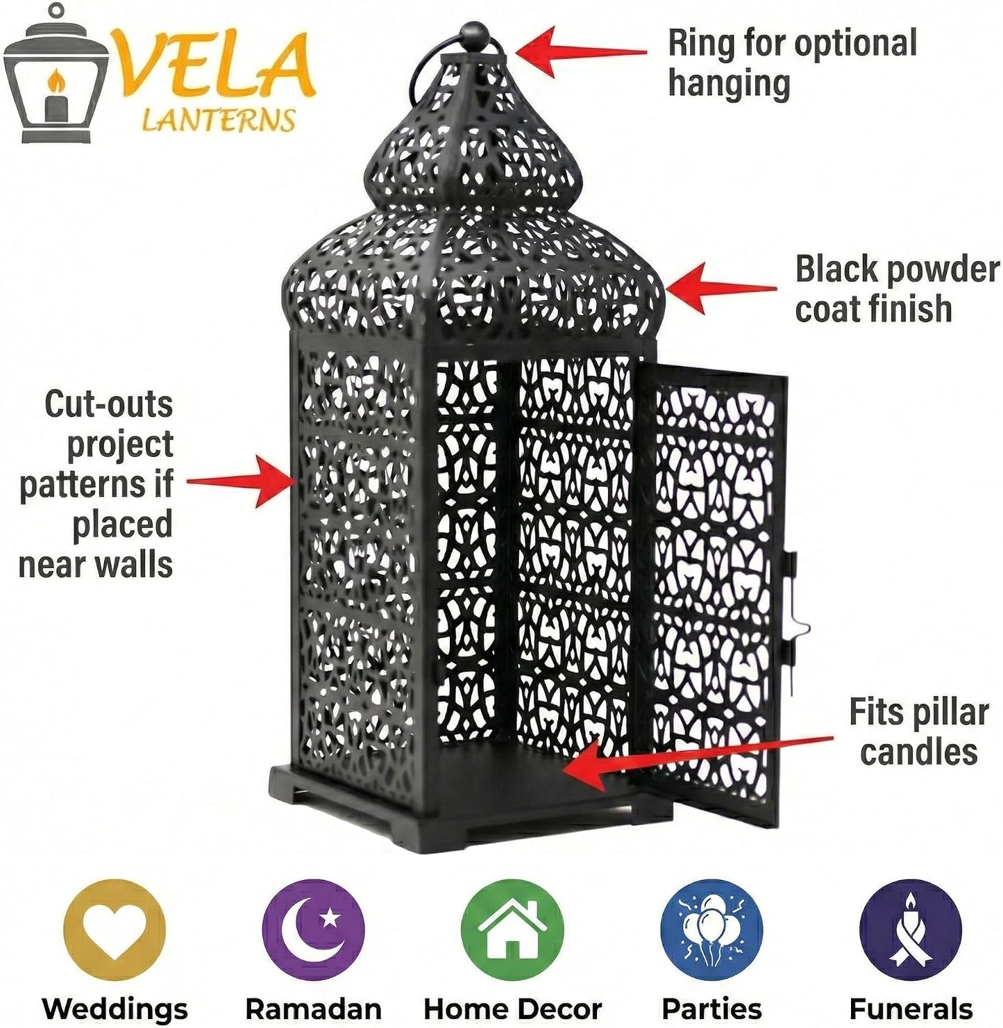 Vela Lanterns Decorative Indoor Moroccan Candle Holders, Black, Set of 2 | Halloween & Ramadan Decorations for Home