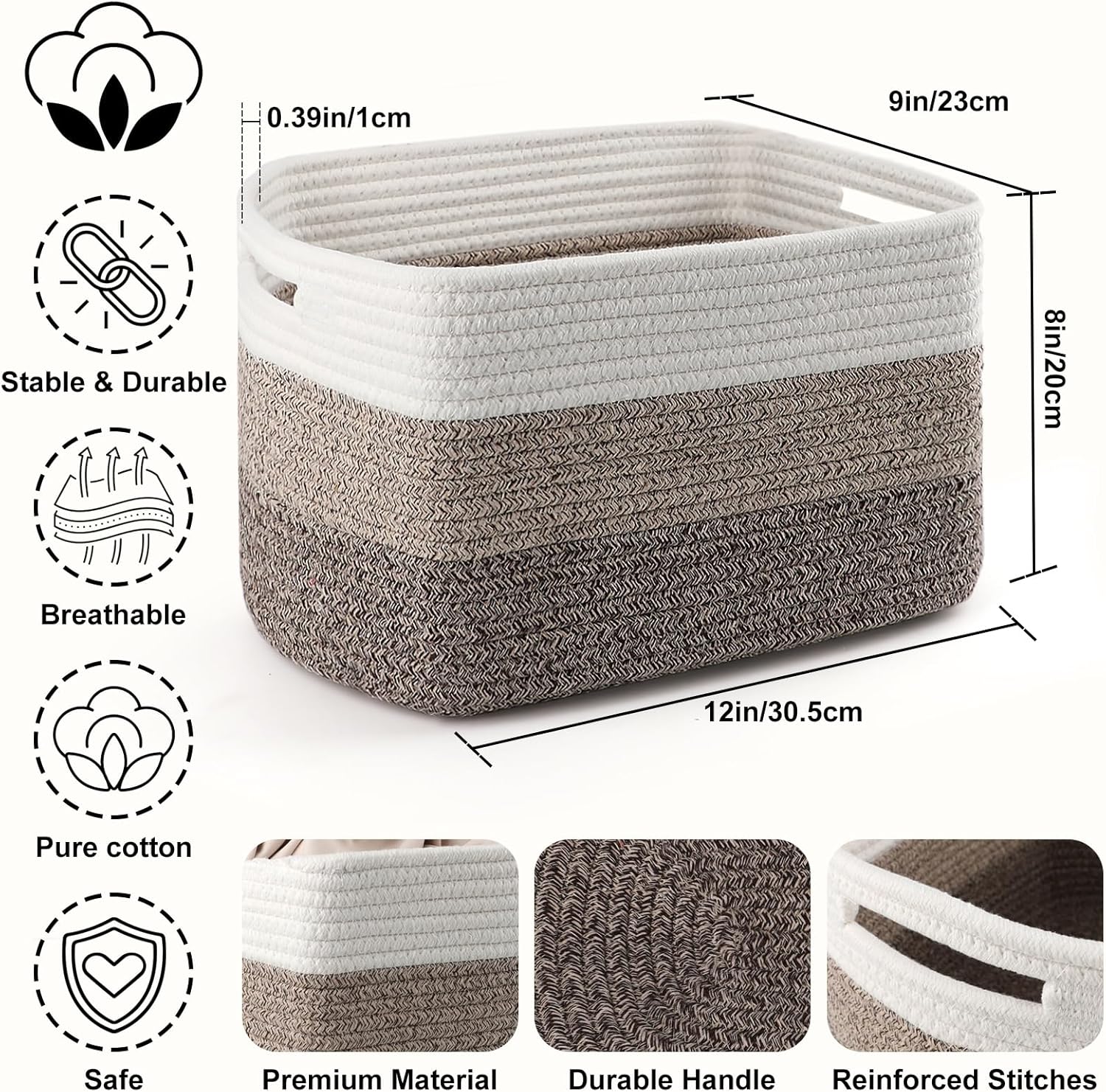 12''Lx9''Wx8''H Woven Baskets for Storage Toys / White & Khaki / Large / Set of 4