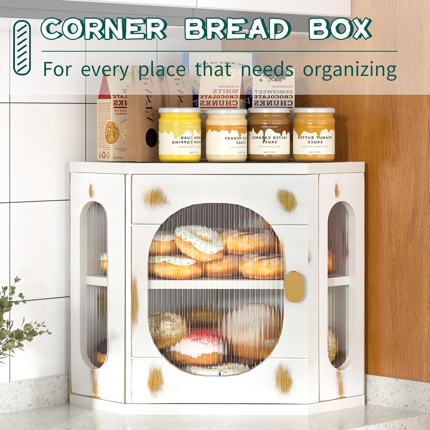 Corner Bread Box for Kitchen Countertop, Large Wooden Bread Box, Double Layer Bread Storage Bin, Bamboo Breadbox for