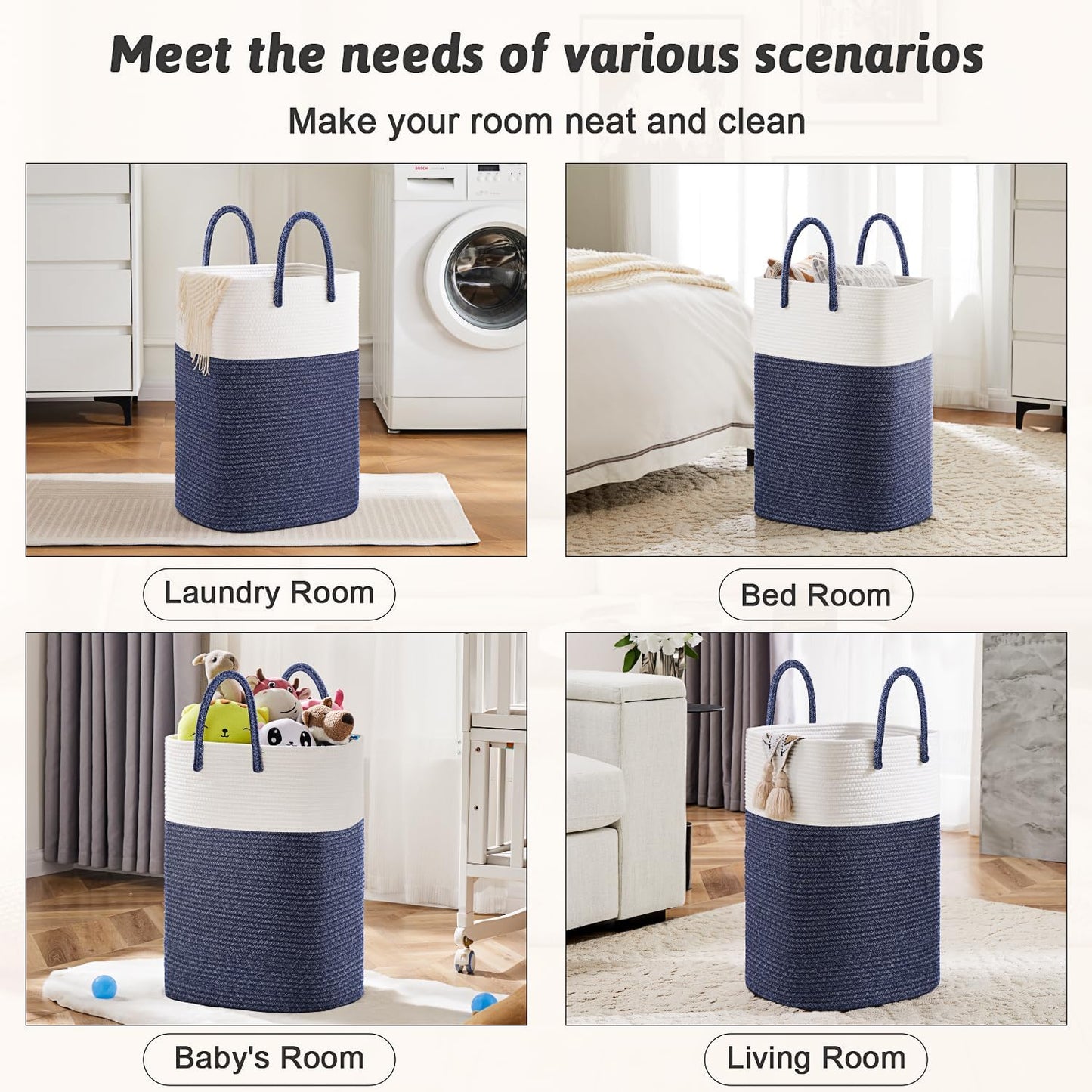 Laundry Basket / Woven Cotton Rope Laundry Hamper / 60L / Blue
