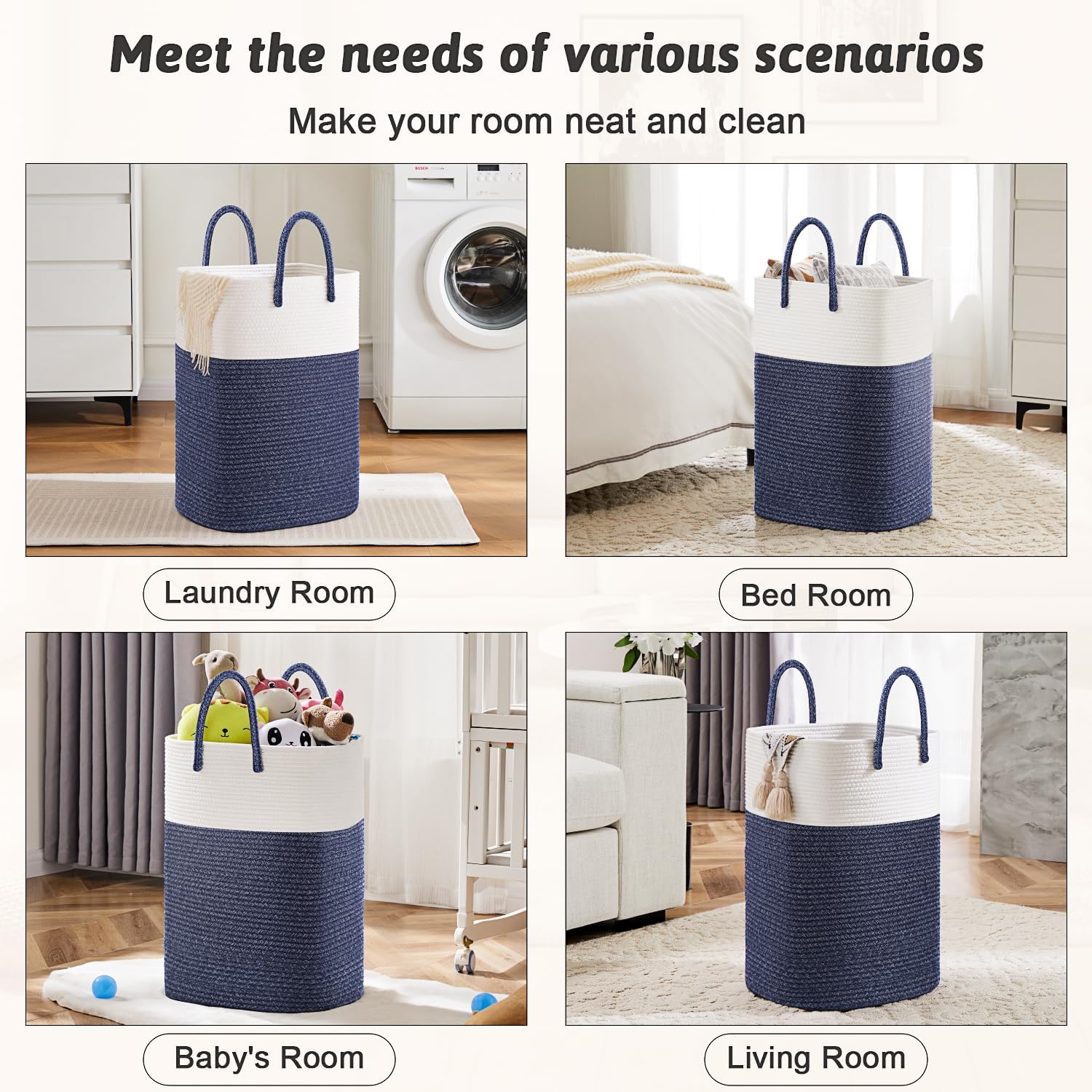Laundry Basket / Woven Cotton Rope Laundry Hamper / 60L / Blue