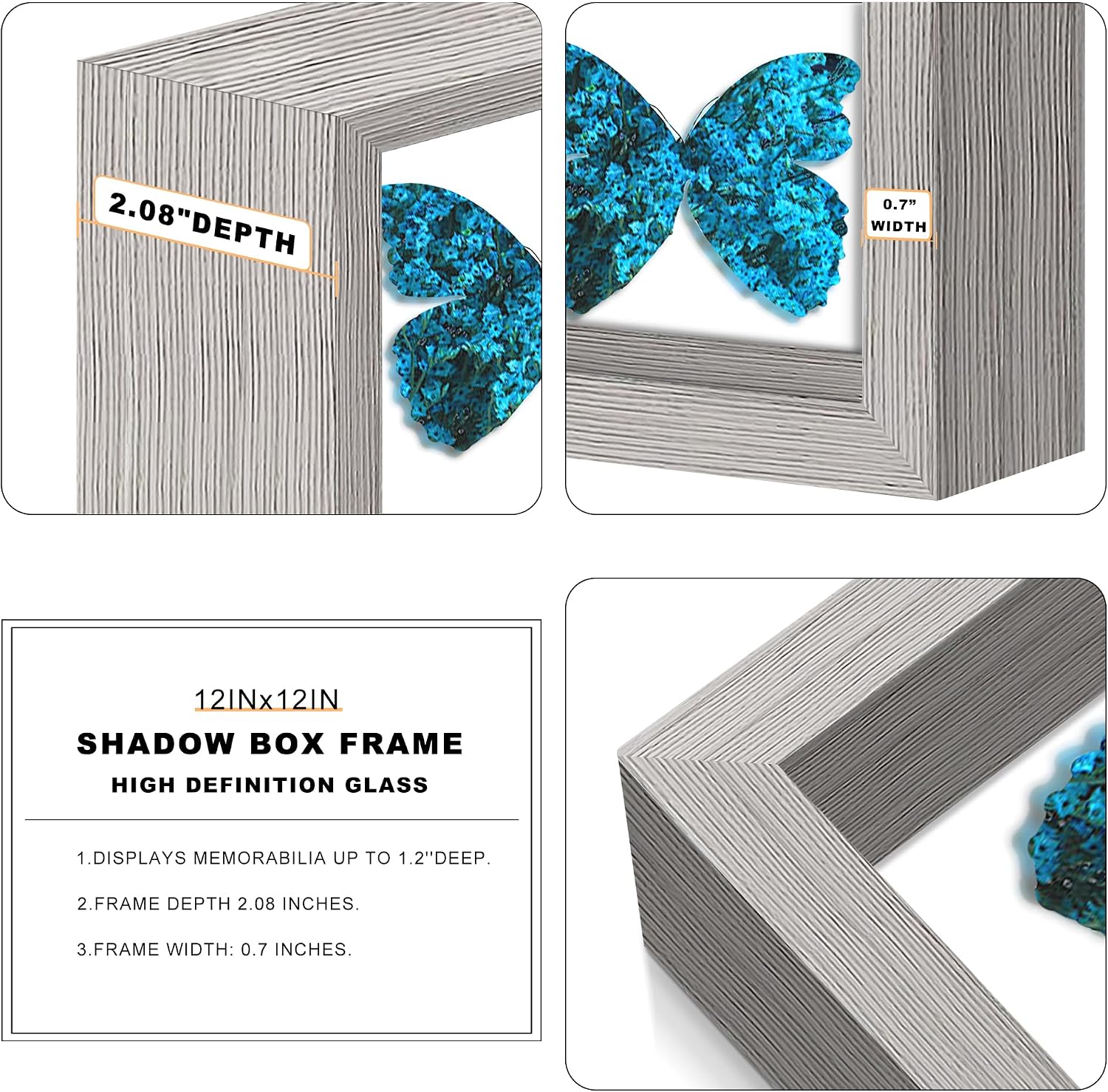 12x12 Gray Wooden Shadow Box Frame, 1.2" Deep, Tempered Glass | Black Backboard, Tabletop & Vertical/Horizontal Wall