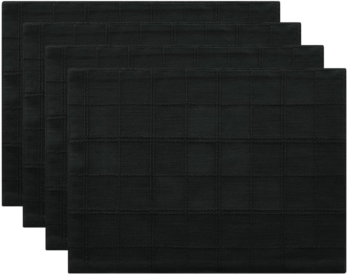 Linen Checked Farmhouse Placemats Set of 4, Black 13x19in | Double Layer, Reversible, Thick Textured Table Mats, Raised