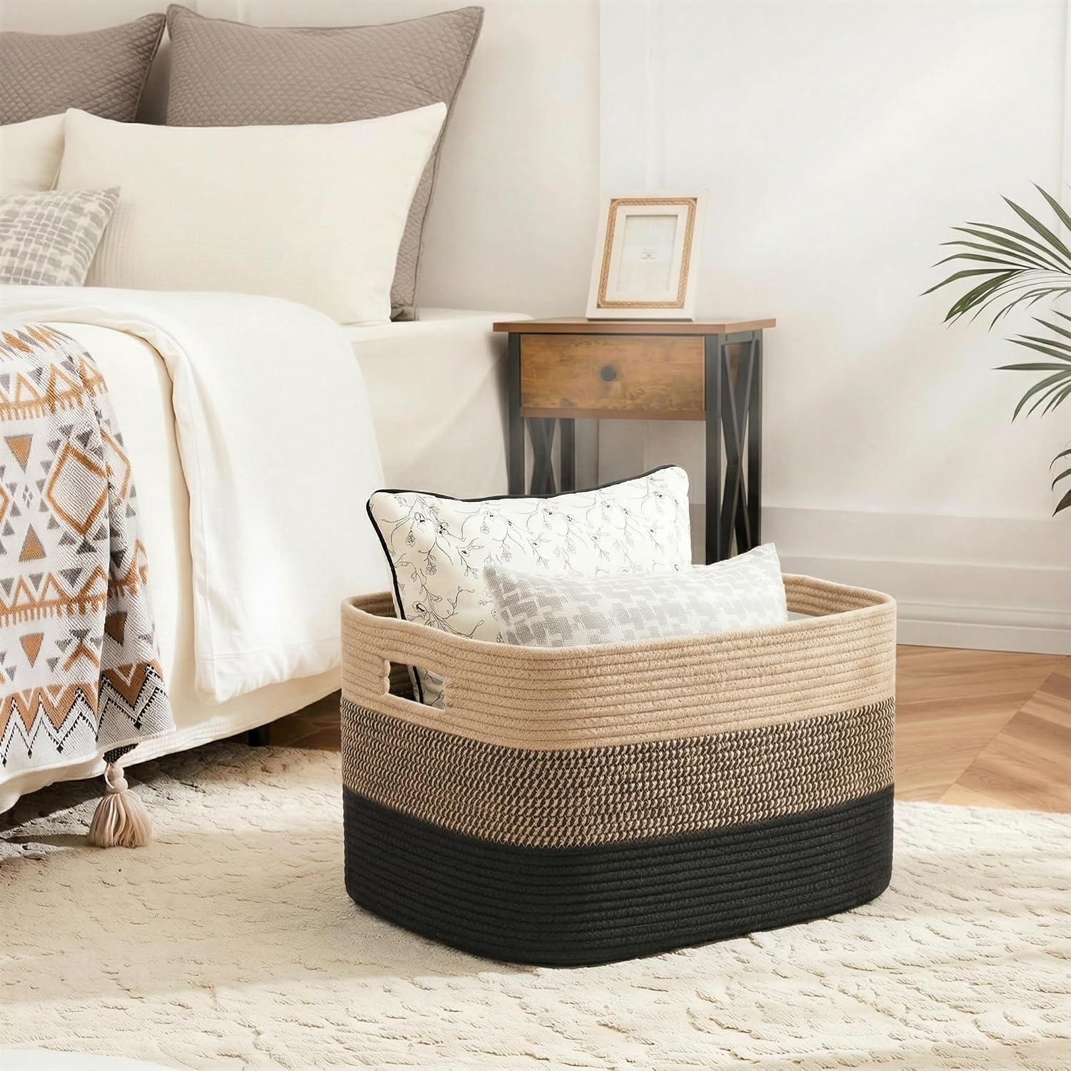 Rectangle Woven Baskets for Storage / Black&jute / 65L