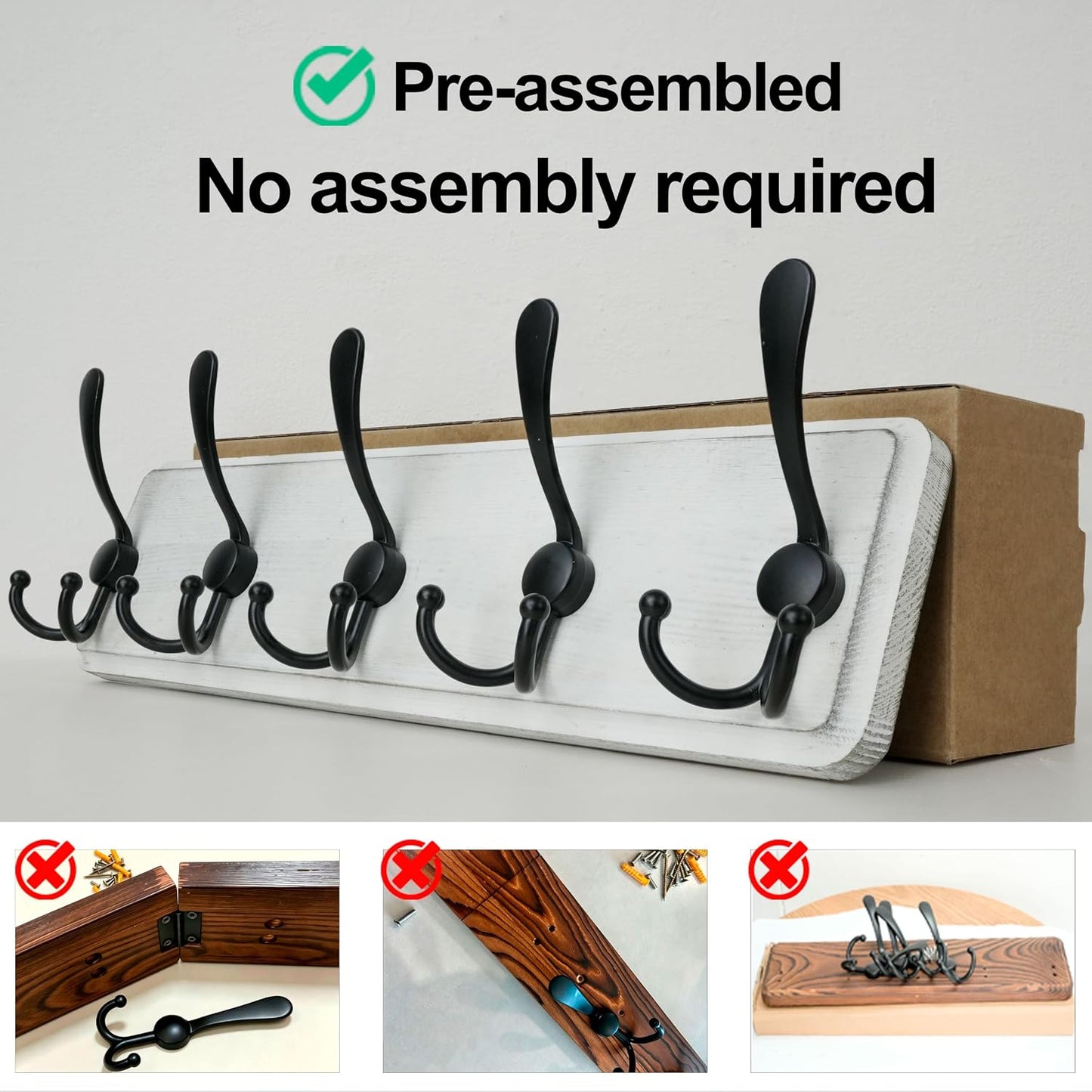 WEBI Coat Rack Wall Mount,Wood Coat Hooks Wall Mounted Coat Hanger,16" Hole to Hole,Wall Hook Rack Rail,5 Triple Hooks