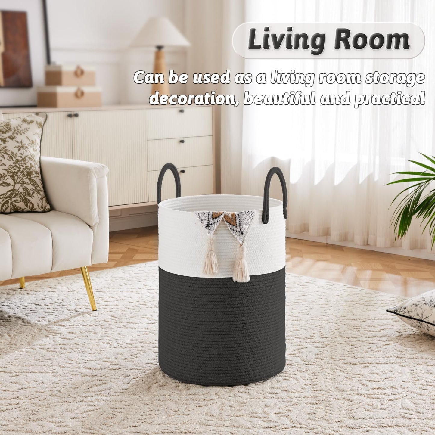 Laundry Basket / Woven Cotton Rope Laundry Hamper / Black / 60L