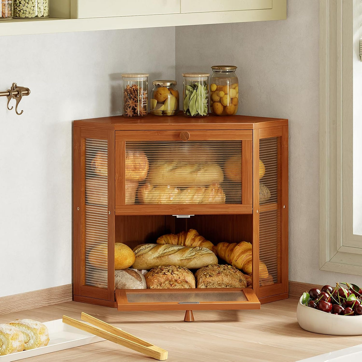 WOWLIVE Double Layer Corner Bread Box for Kitchen Countertop with 2 Doors | Bamboo Bread Storage Container, Large