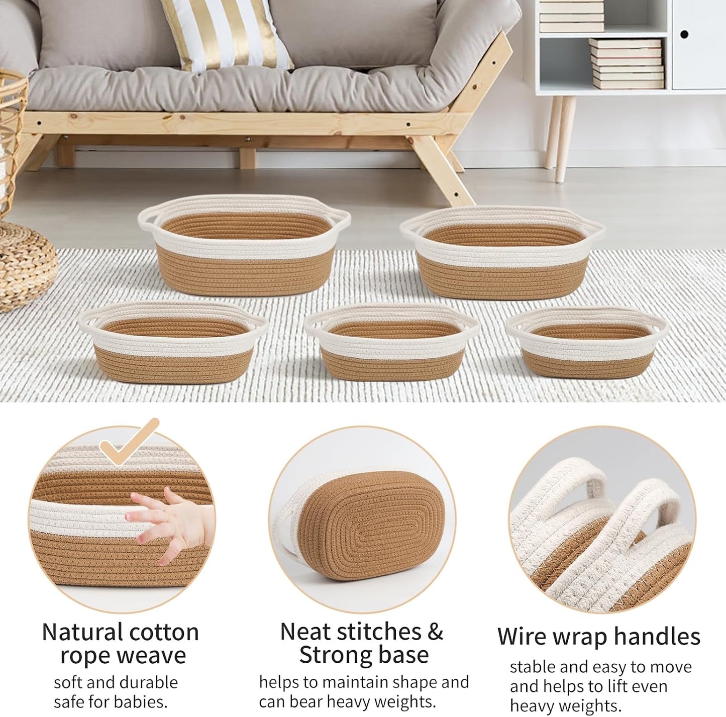 Woven Rope Baskets for Storage / Off White & Jute / Set of 5