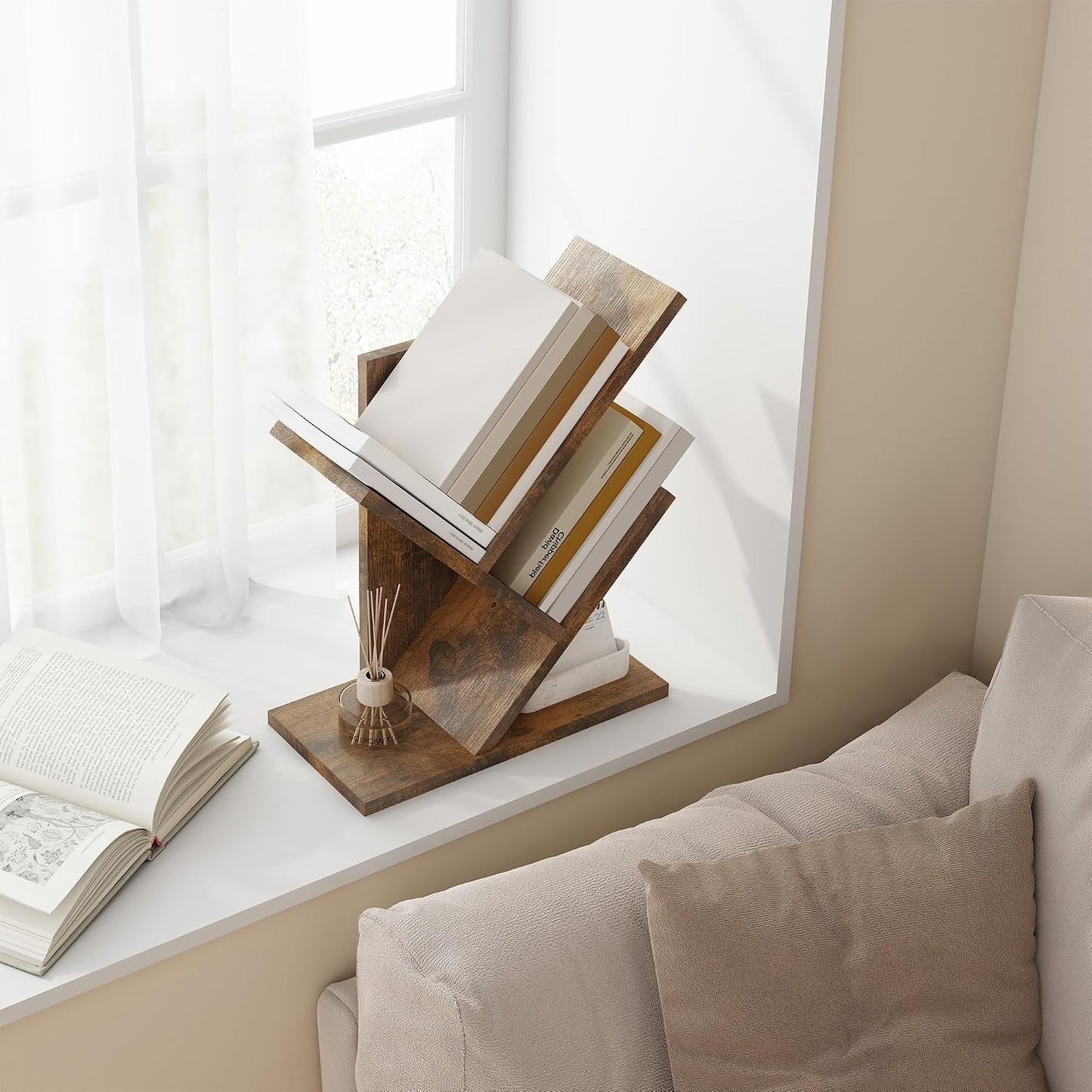 Tree Bookshelf 3-Tier Small Book Organizer, Rustic Brown | Mini Bookshelf, Small Bookcase, Modern Book Storage for