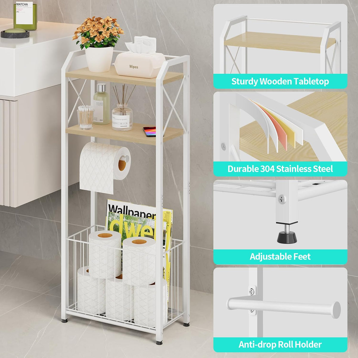 HapiRm Freestanding Toilet Paper Holder - 4-Tier Bathroom Tissue Organizer with Wood Shelves and Large Basket, Toilet