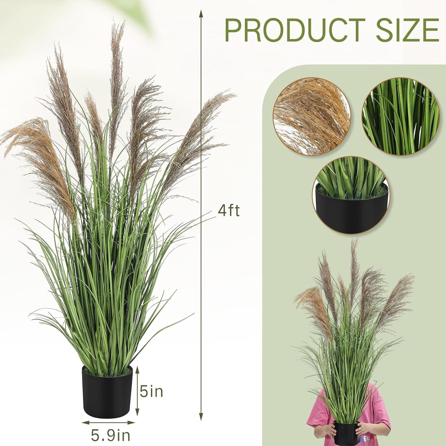 Pampas Grass Potted Plants Tall Artificial Grass Potted Artificial / 4 Ft / Greeny / Set of 2