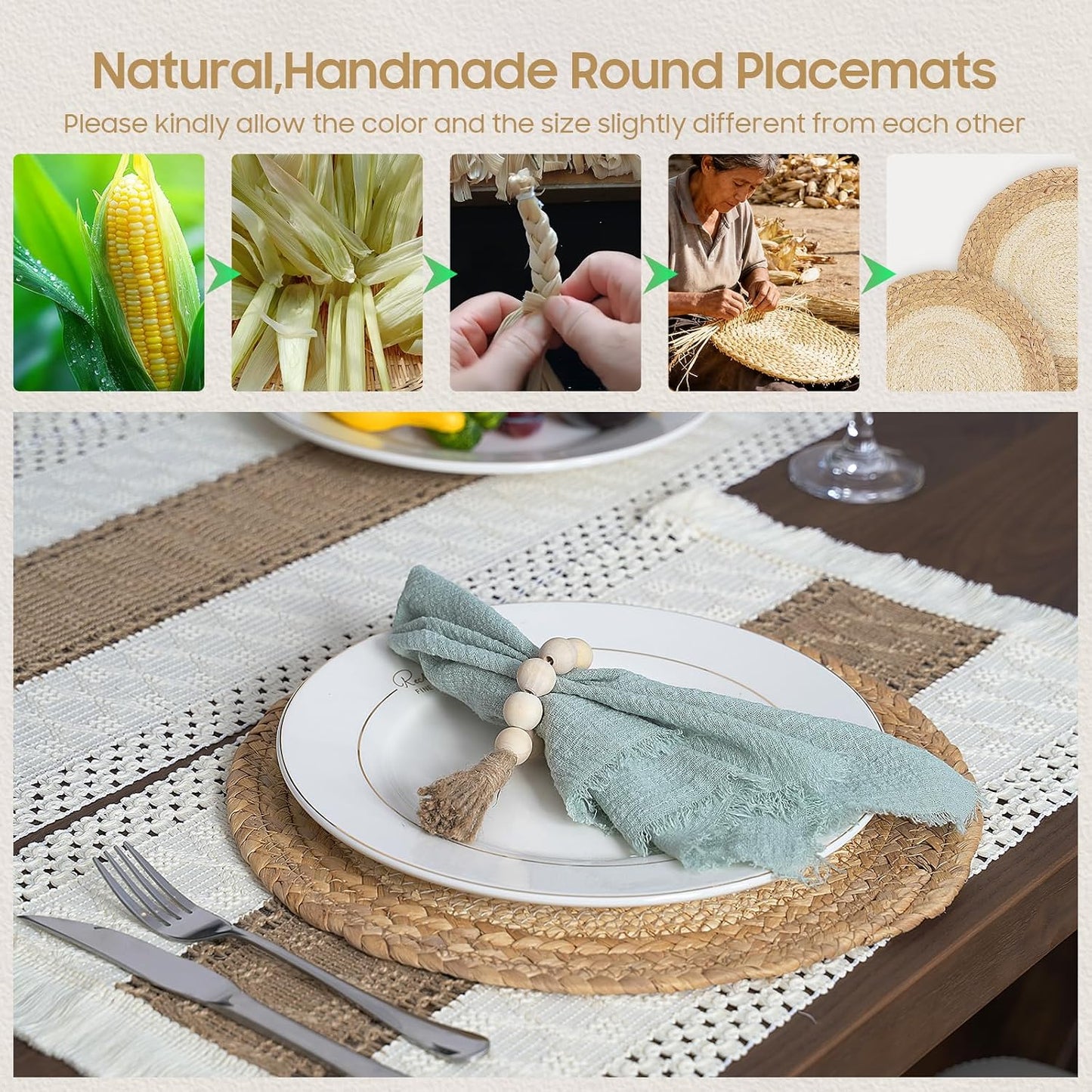 Placemats Set of 6 with 6 PCs Round Placemats and 6 PCs Table Mats | Natural,Handmade,Boho Woven Placemat,Burlap Table