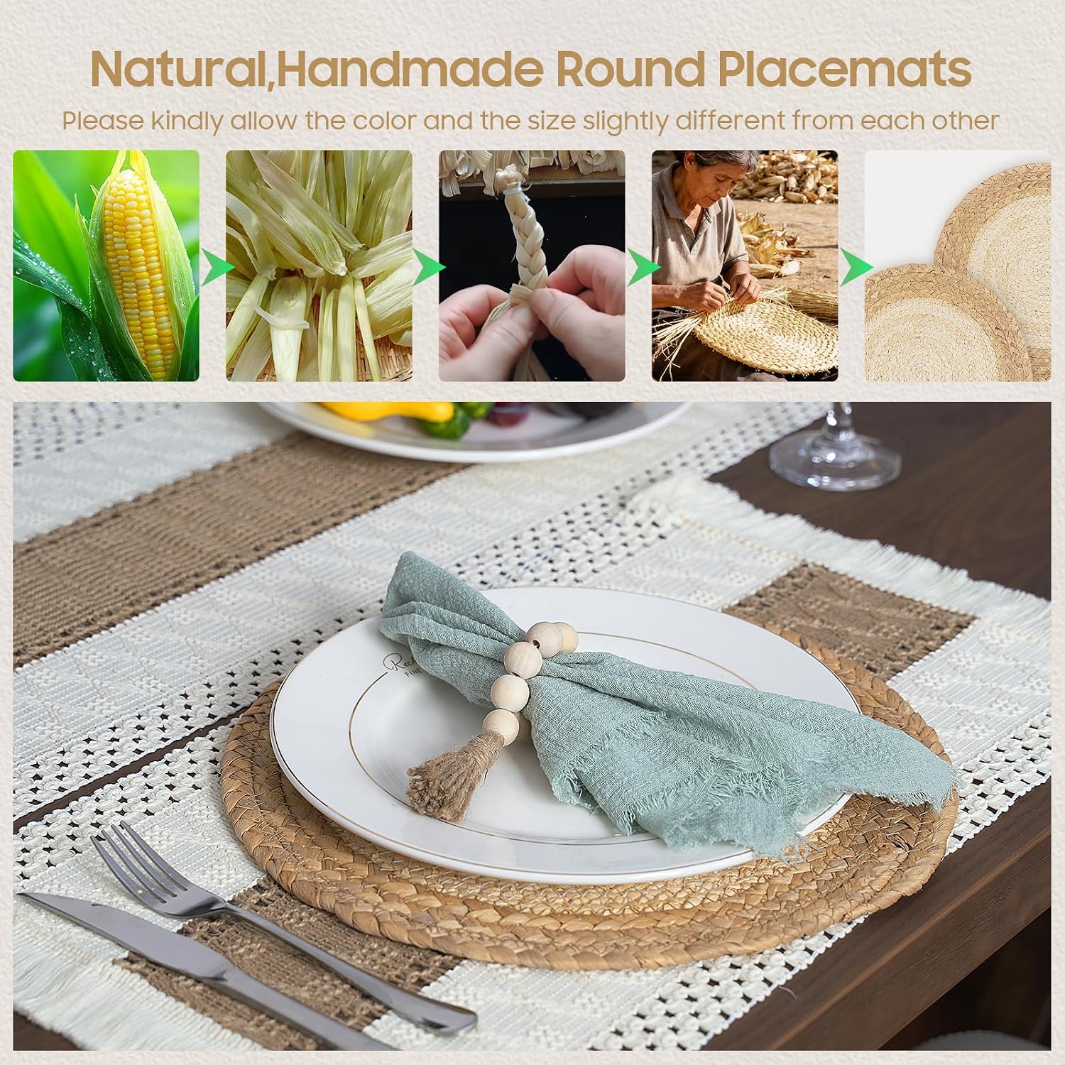 Placemats Set of 6 with 6 PCs Round Placemats and 6 PCs Table Mats | Natural,Handmade,Boho Woven Placemat,Burlap Table