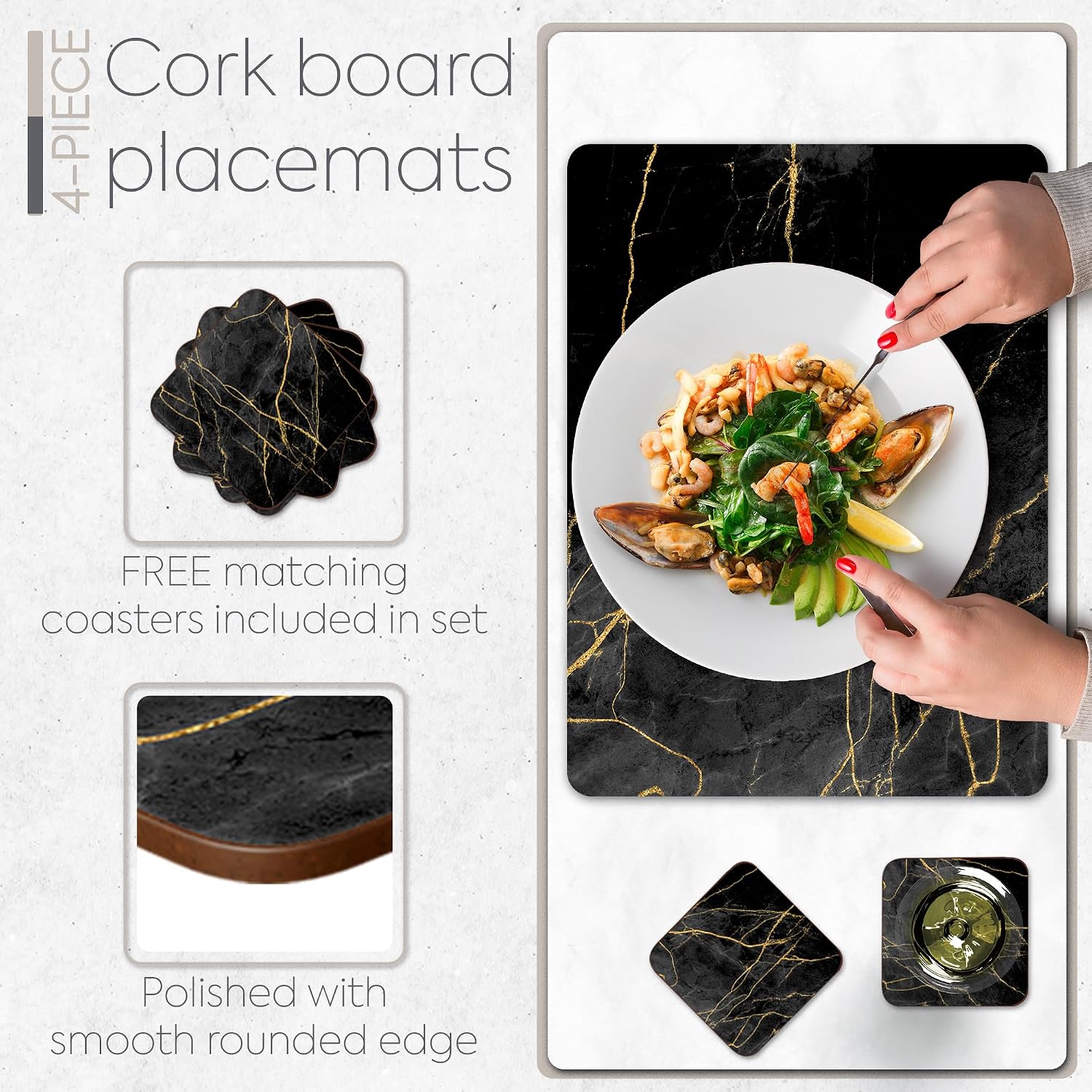 Heat Resistant Cork Placemats for Dining Table / Black & Gold Marble / Set of 4