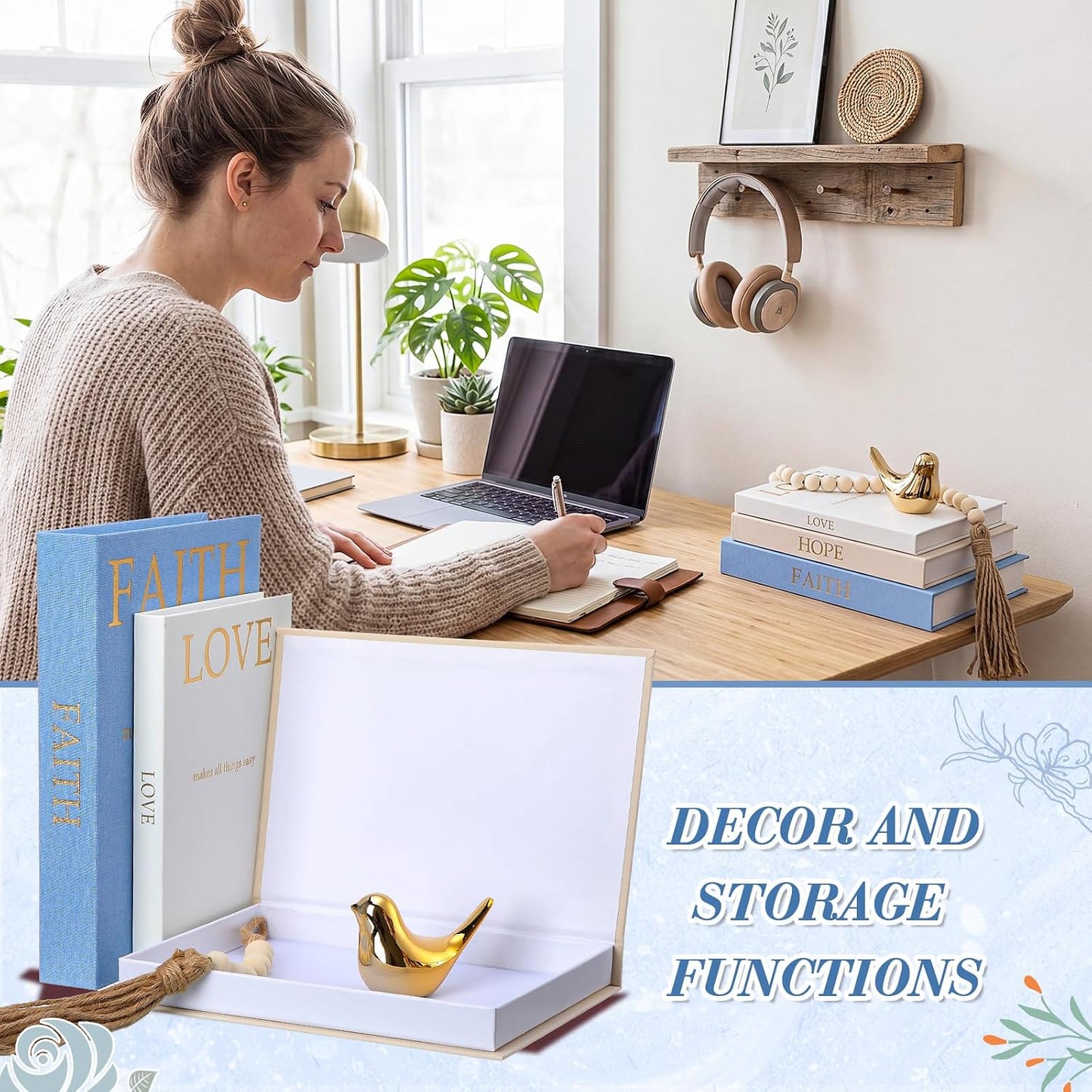 Linen Decorative Books Set Includes Bird and Wooden Beaded Tassel / Soft Colors / Gold / Set of 3