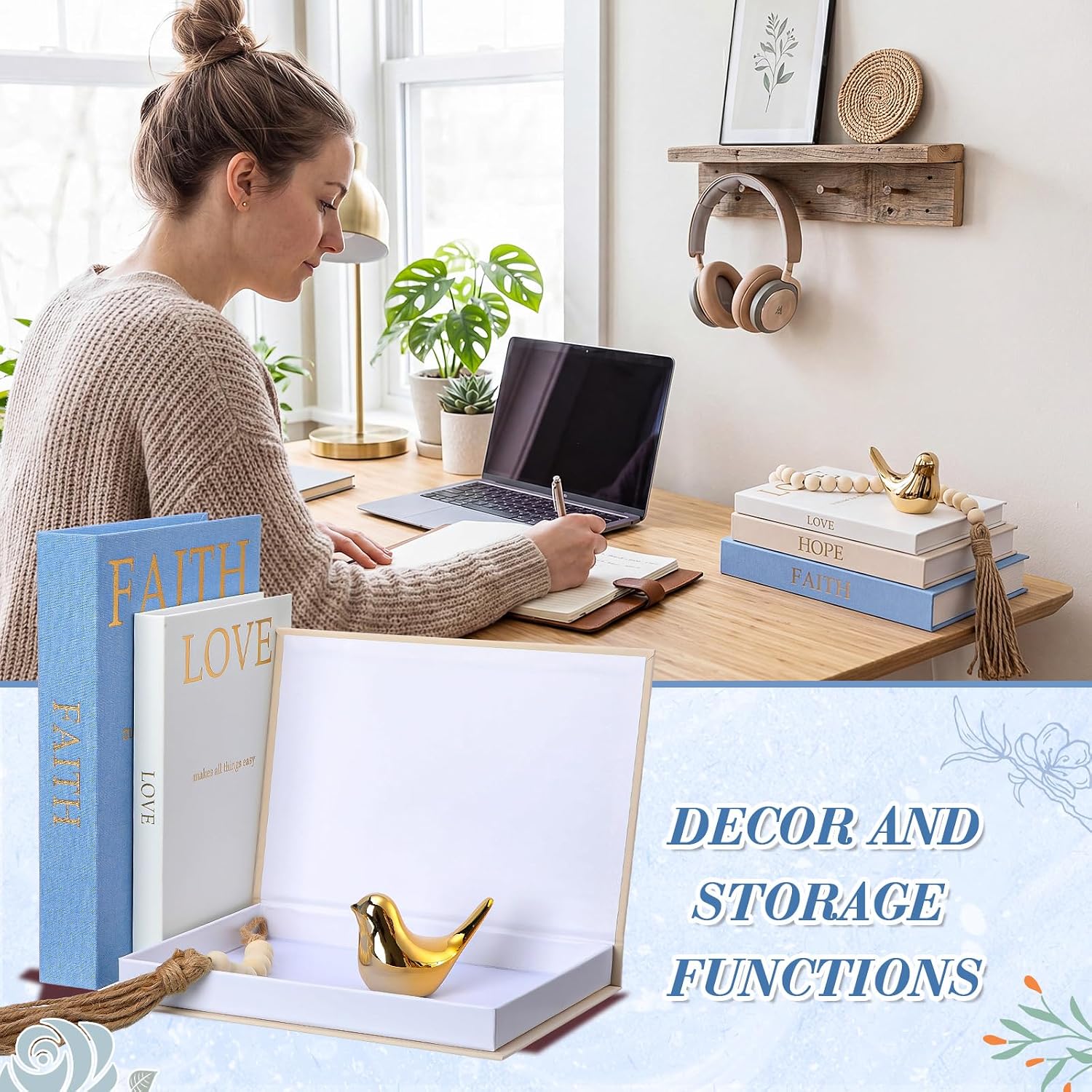 Linen Decorative Books Set Includes Bird and Wooden Beaded Tassel / Soft Colors / Gold / Set of 3