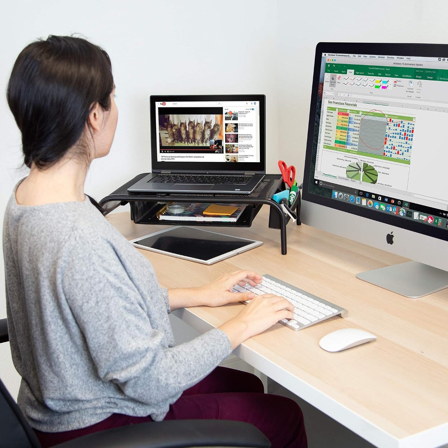 Mount-It! Metal Mesh Monitor Stand with Drawer, Ergonomic Desk Organizer and Riser for Monitors and Laptops, Desktop