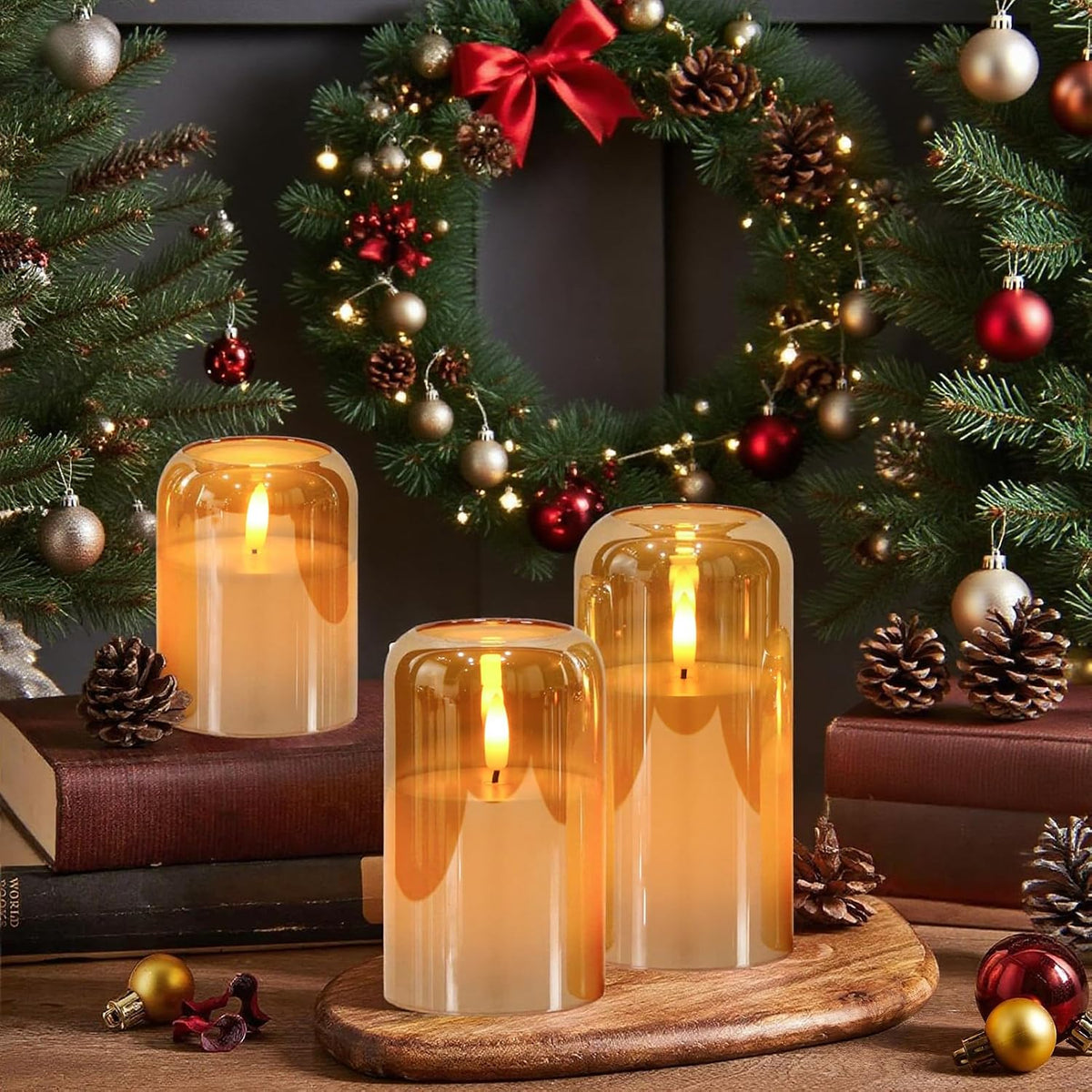 GenSwin Gold Glass LED Flameless Candles with Remote Timer | Battery Operated Candles with Flickering, Real Wax Pillar