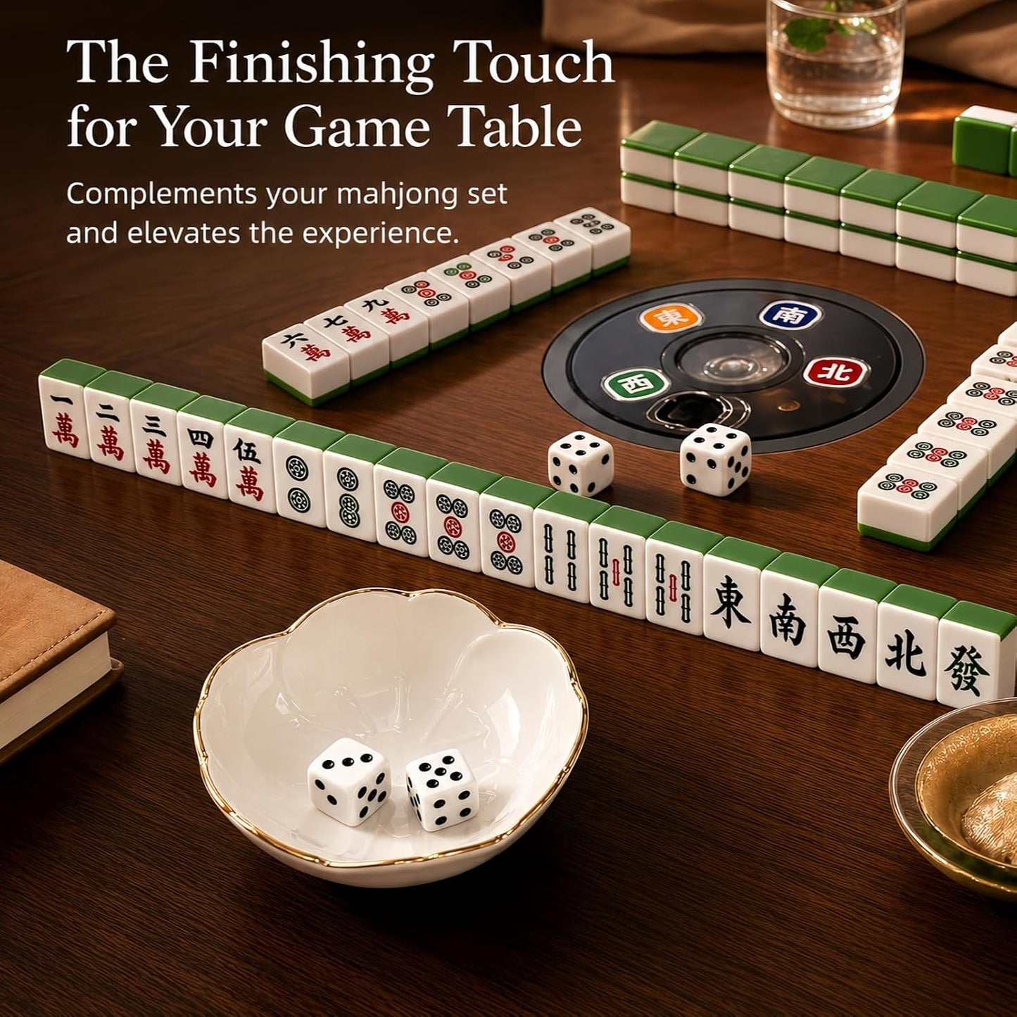 Mahjong Dice Dish Ceramic Tile-Inspired Dice & Chip Tray for Game Night / White