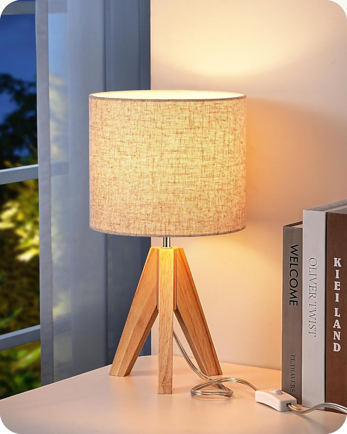 EDISHINE Small Table Lamp, Boho Bedside Lamp, Linen Fabric Shade, 14.2 Inch