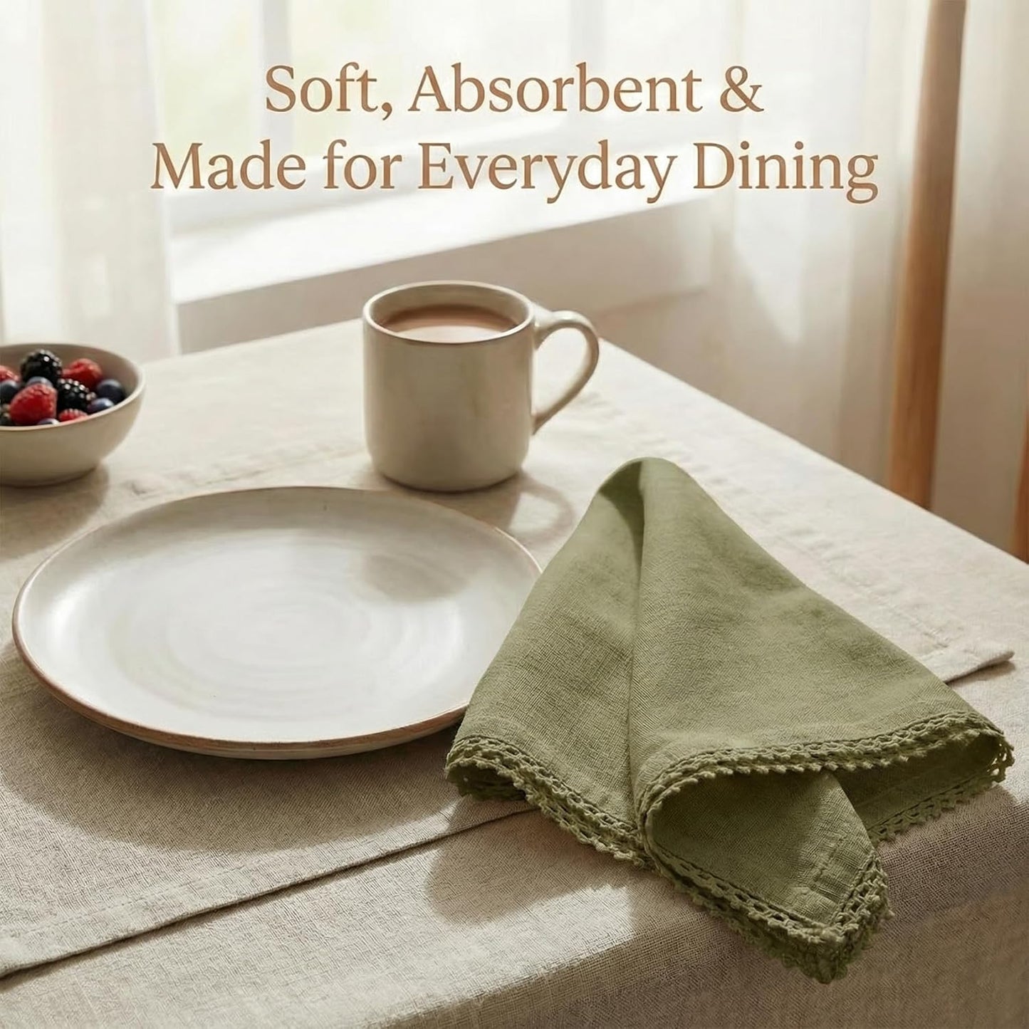 ACCENTHOME Olive Green Set of 12 18x18 inch Cotton Linen Dinner Napkins | Cotton Linen Blend Napkins, Machine Wash On