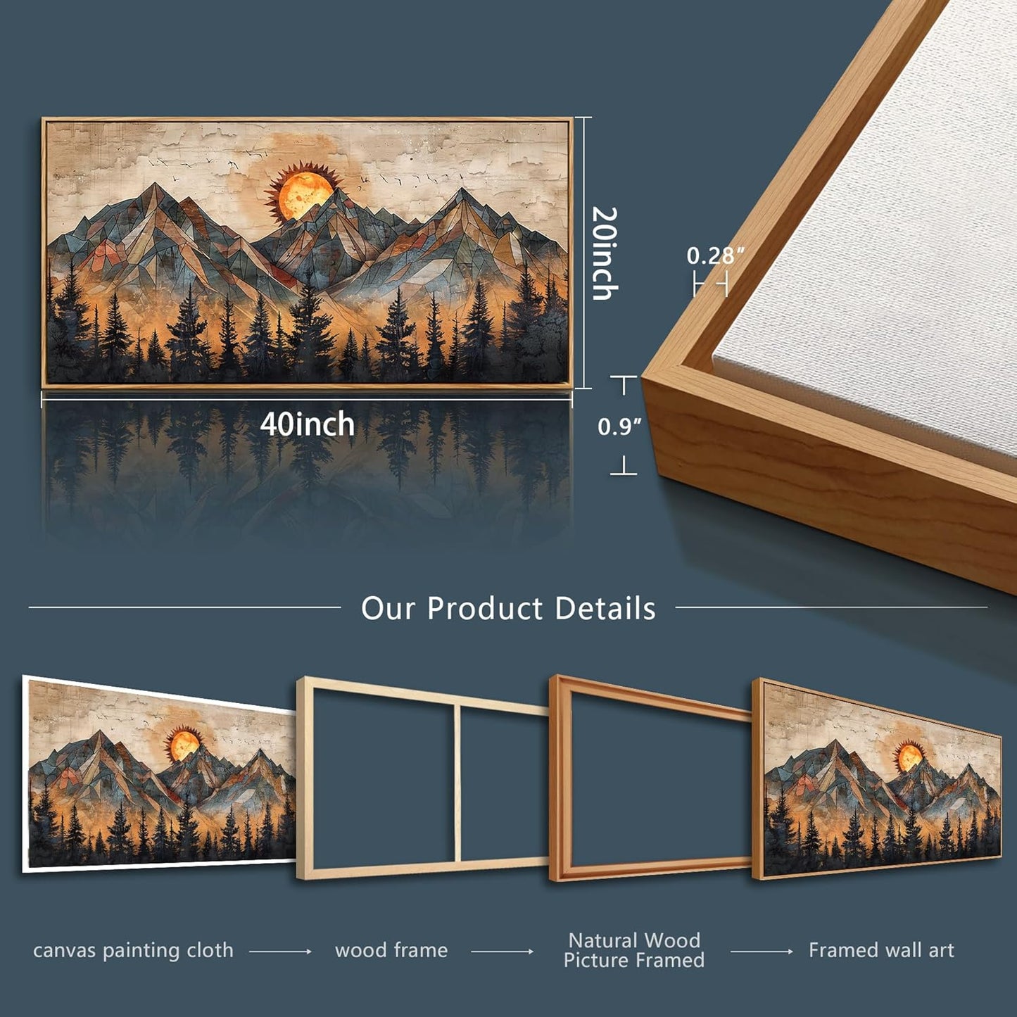Wood Framed Wall Art / 40"L x 20"W / Abstract Mountain Wood Framed