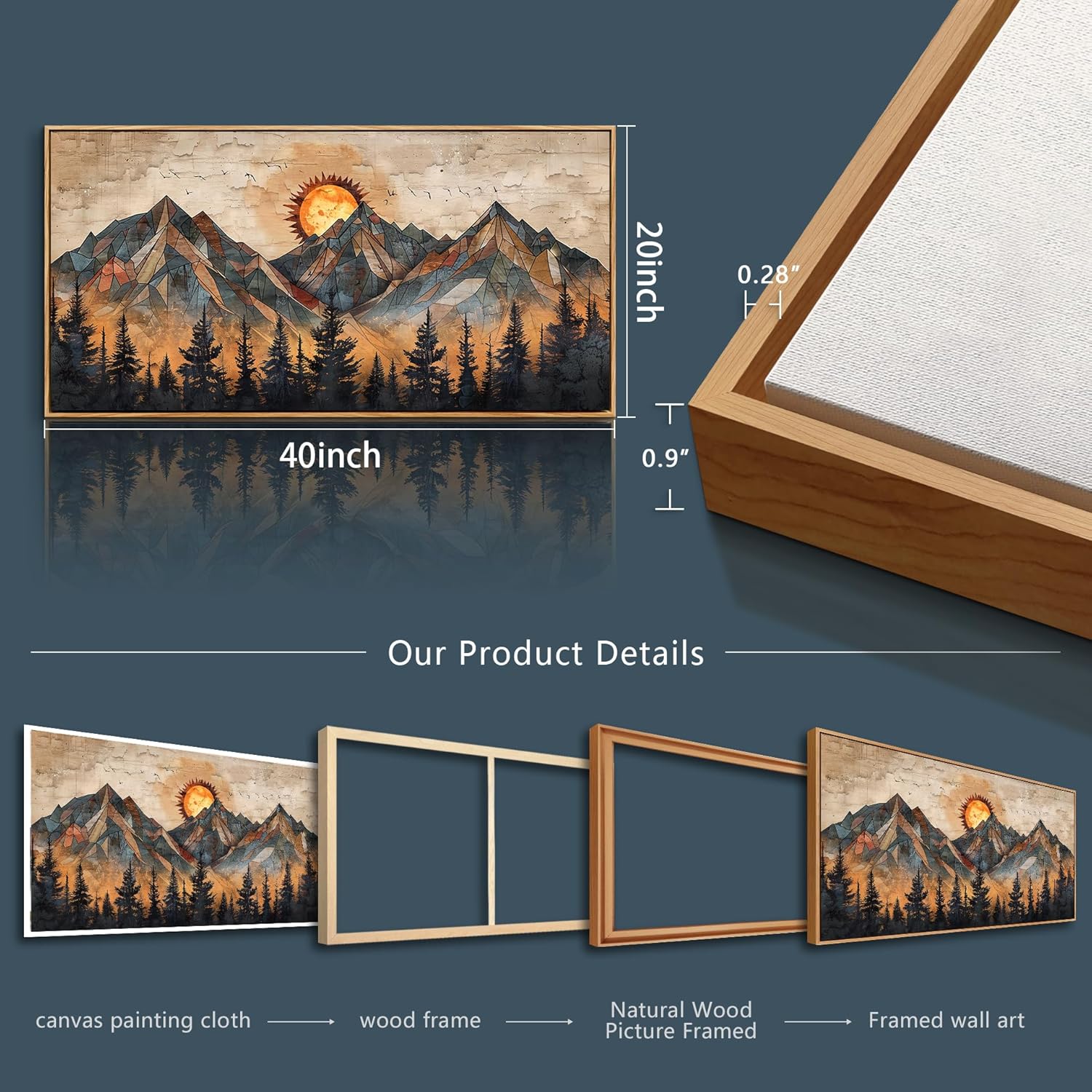 Wood Framed Wall Art / 40"L x 20"W / Abstract Mountain Wood Framed