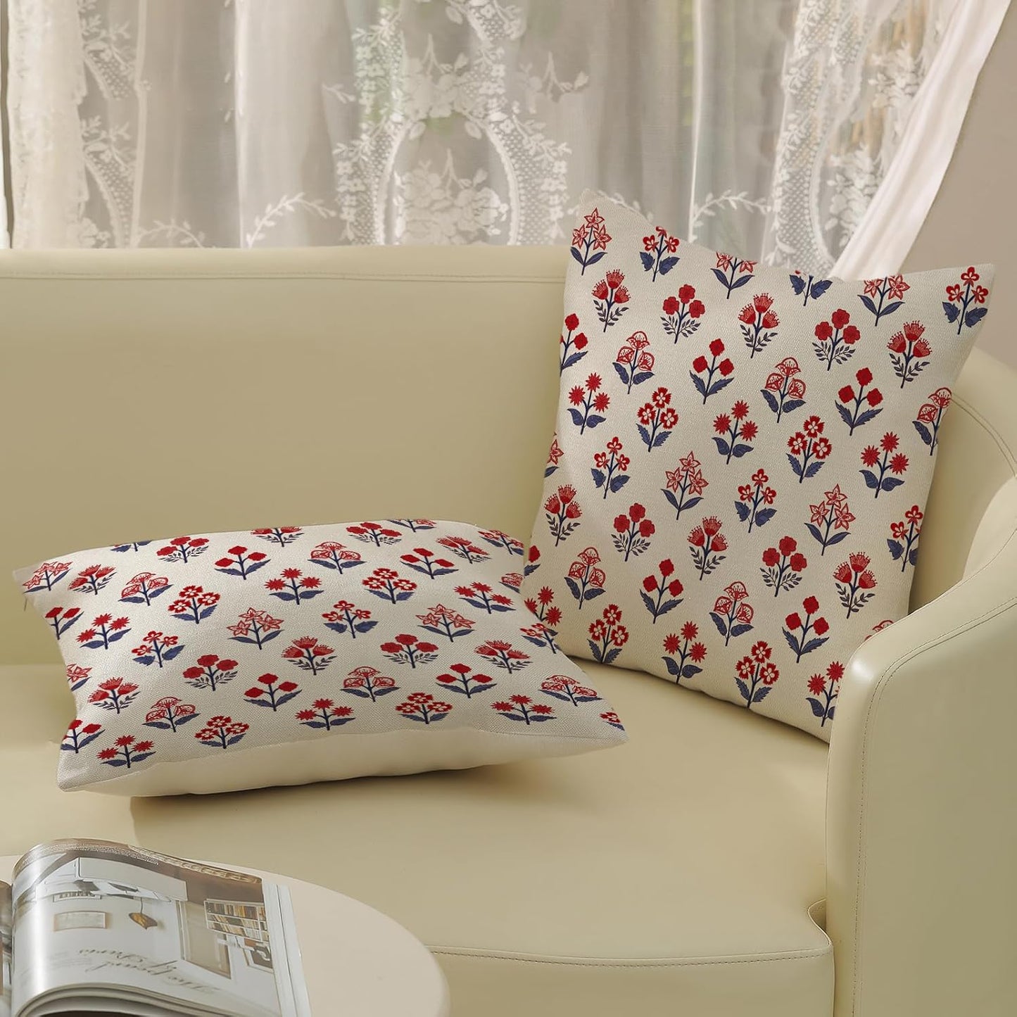 4th of July Pillow Covers Red Blue / 18 x 18 / 4th of July Red Blue Block Print Floral / Set of 2