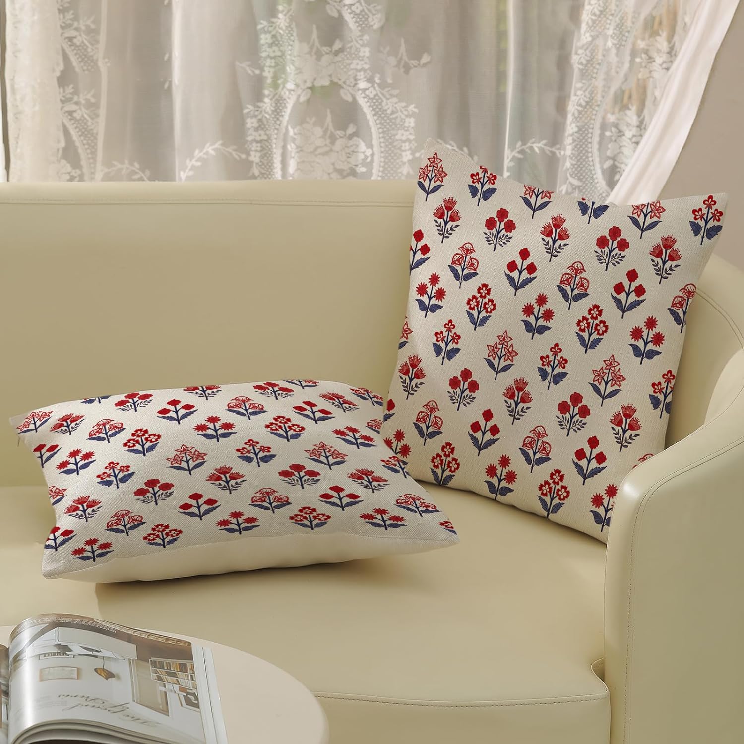 4th of July Pillow Covers Red Blue / 18 x 18 / 4th of July Red Blue Block Print Floral / Set of 2