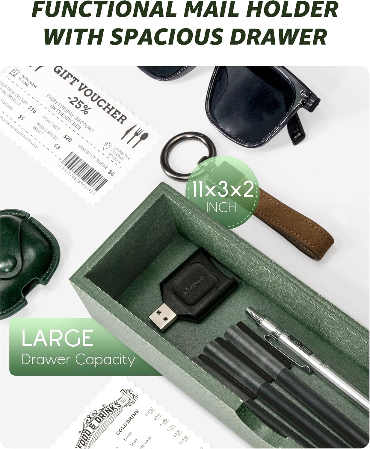 Pine Wood Mail and Key Organizer / Green