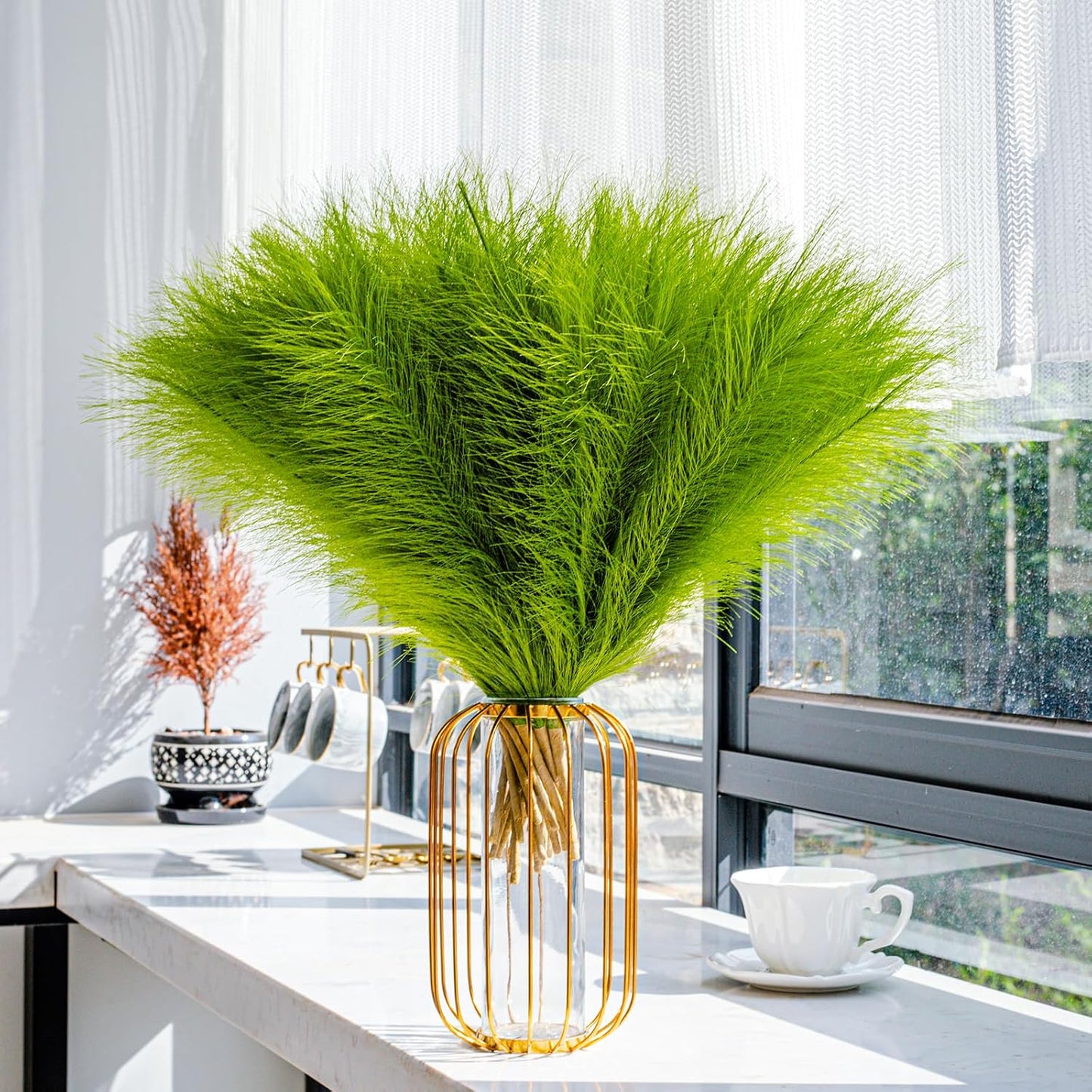 10 Stems 17.7" Artificial Pampas Grass Bouquet Small Pompas Floral Arrangement / Grass Green