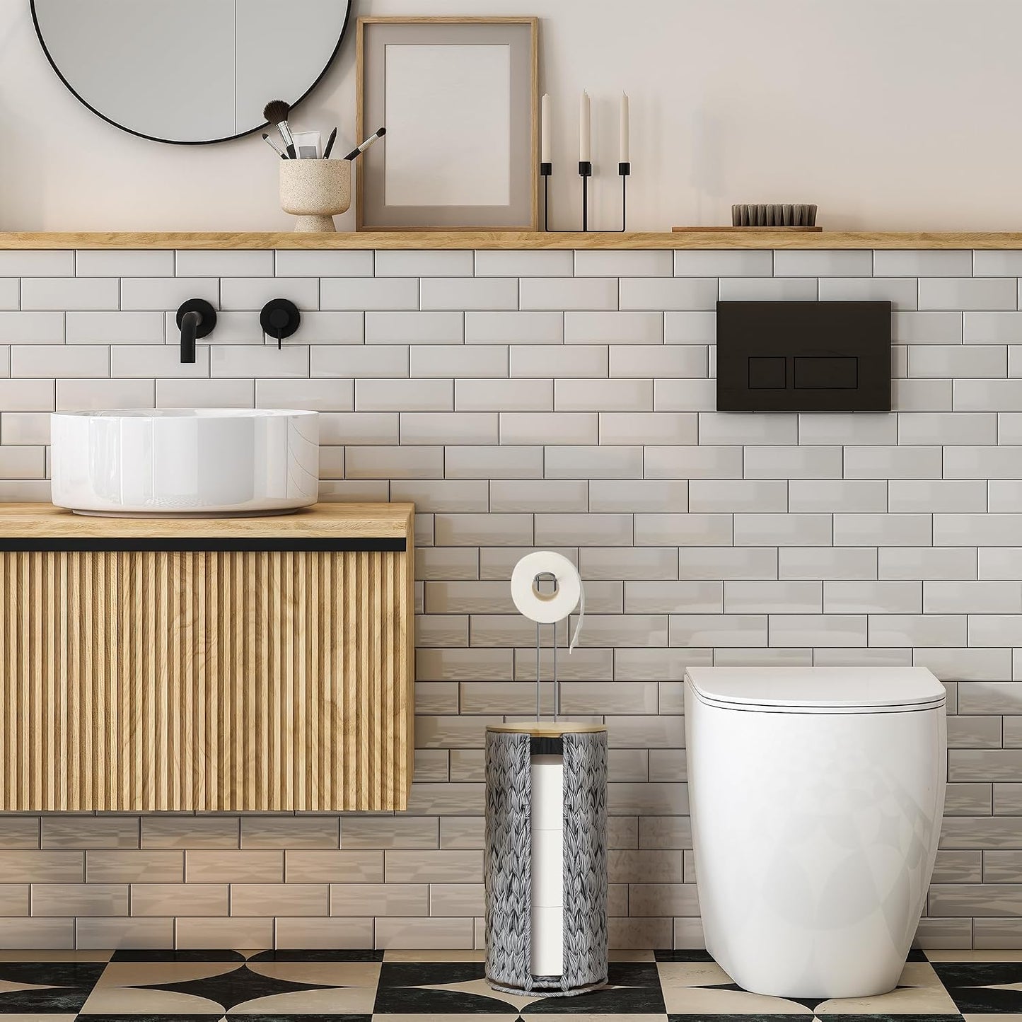 Toilet Paper Holder Stand with Lid Free Standing Storage for Bathroom Grey | Wciker, Water Hyacinth, 3 Rolls of Toilet